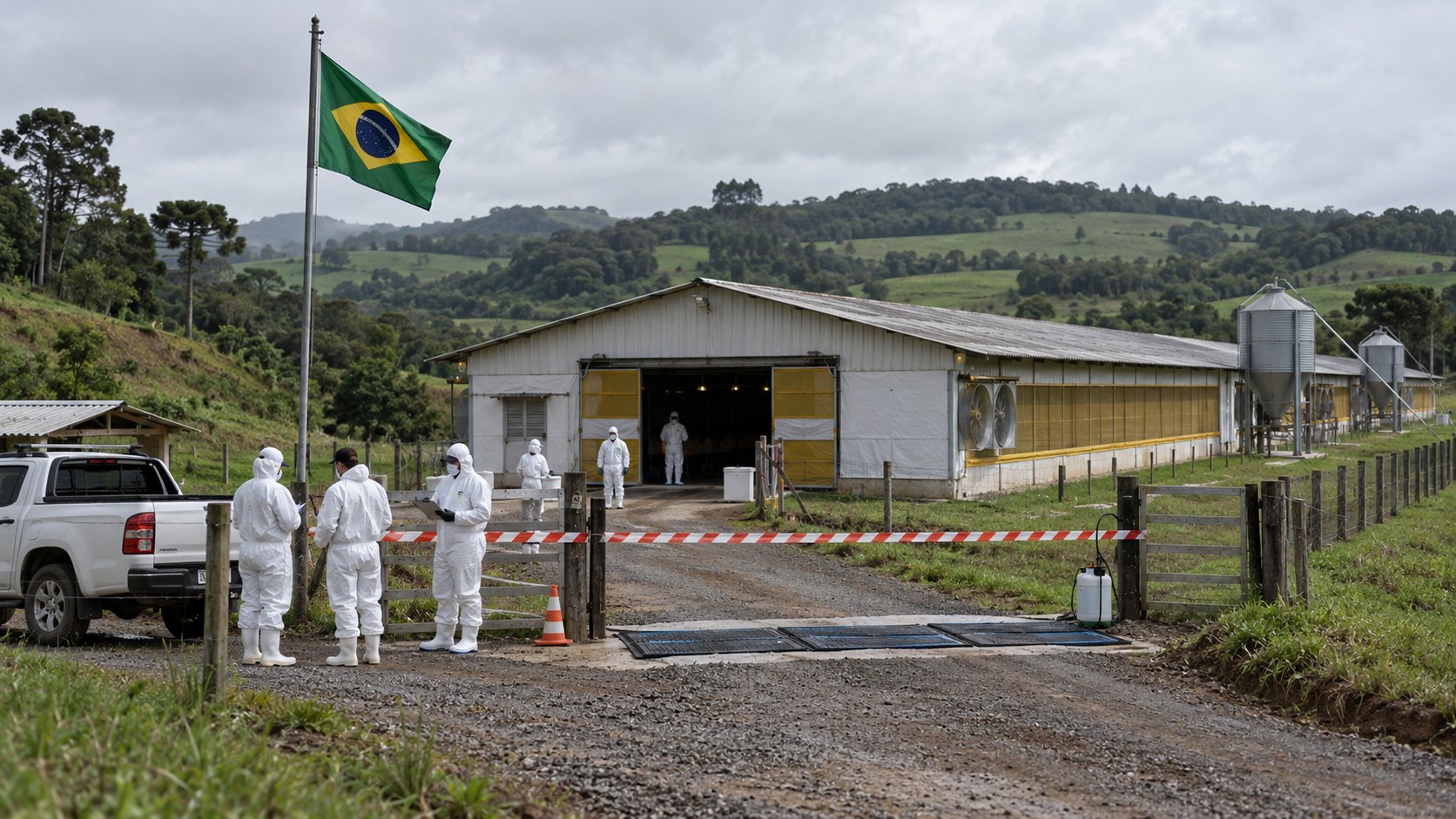 Ilustración editorial generada con IA: técnicos con trajes de protección blancos frente a un galpón de engorde de pavos interditado con cinta de restricción sanitaria, en una zona rural de colinas verdes, con una bandera de Brasil en un mástil; composición conceptual, no es una fotografía de la granja de Nova Itaberaba.