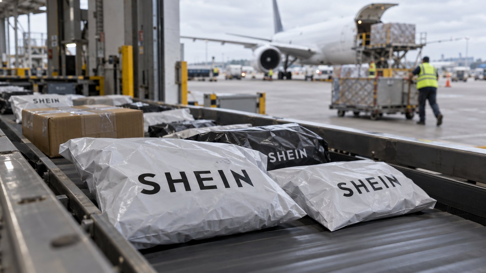 Ilustración editorial generada con IA: paquetes con la marca Shein sobre una cinta transportadora en una terminal de carga aérea, con un avión de carga desenfocado al fondo; composición conceptual, no es una fotografía de instalaciones reales de la empresa.