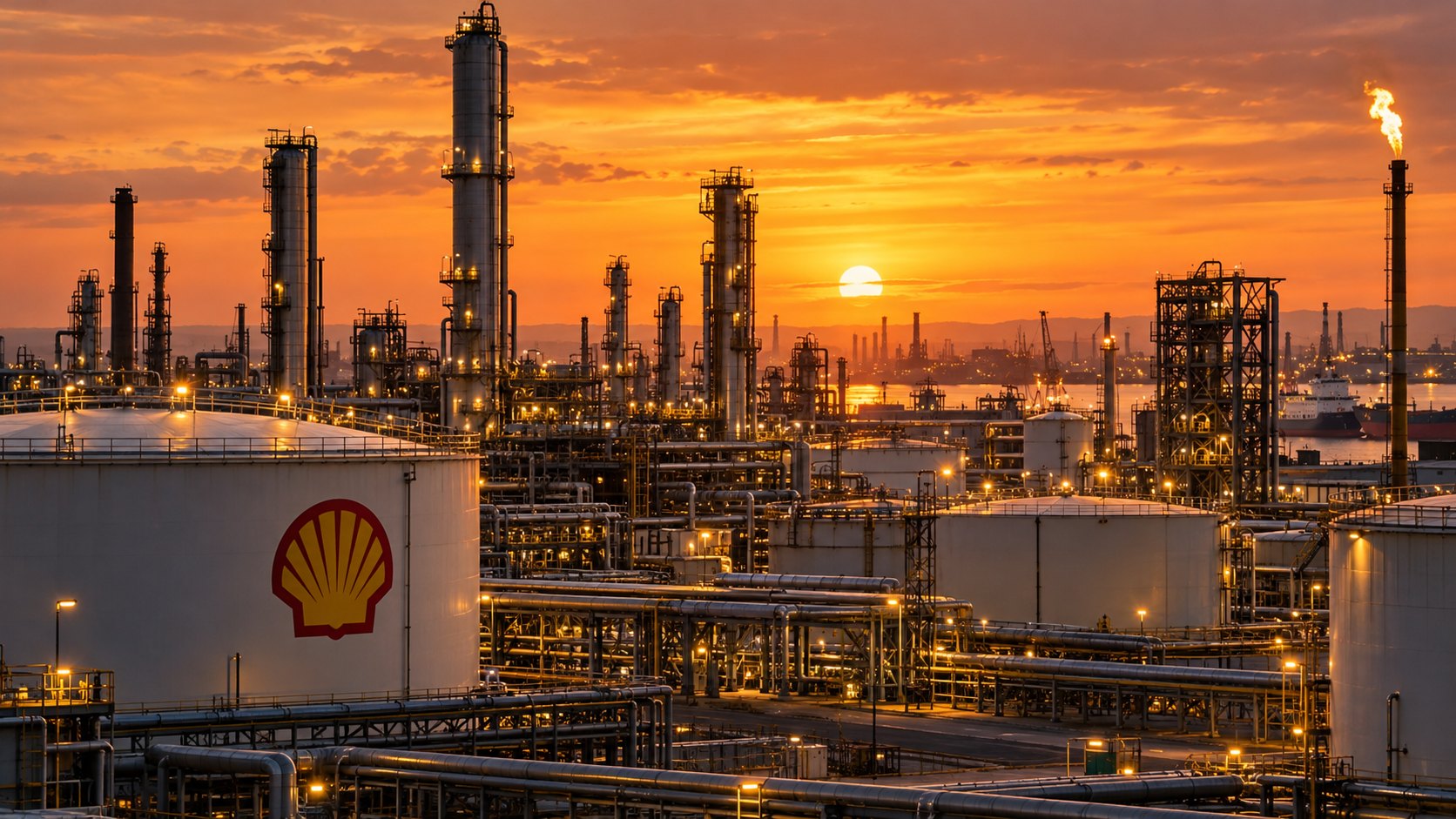 Ilustración editorial generada con IA: una refinería con el logo de Shell en un tanque de almacenamiento, torres de destilación y una antorcha encendida al atardecer junto a un puerto; composición conceptual, no es una fotografía de una planta identificada.