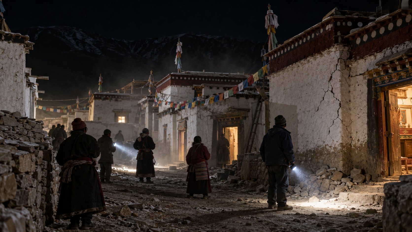 Ilustración editorial generada con IA: pueblo tibetano de adobe de noche tras el sismo; composición conceptual.