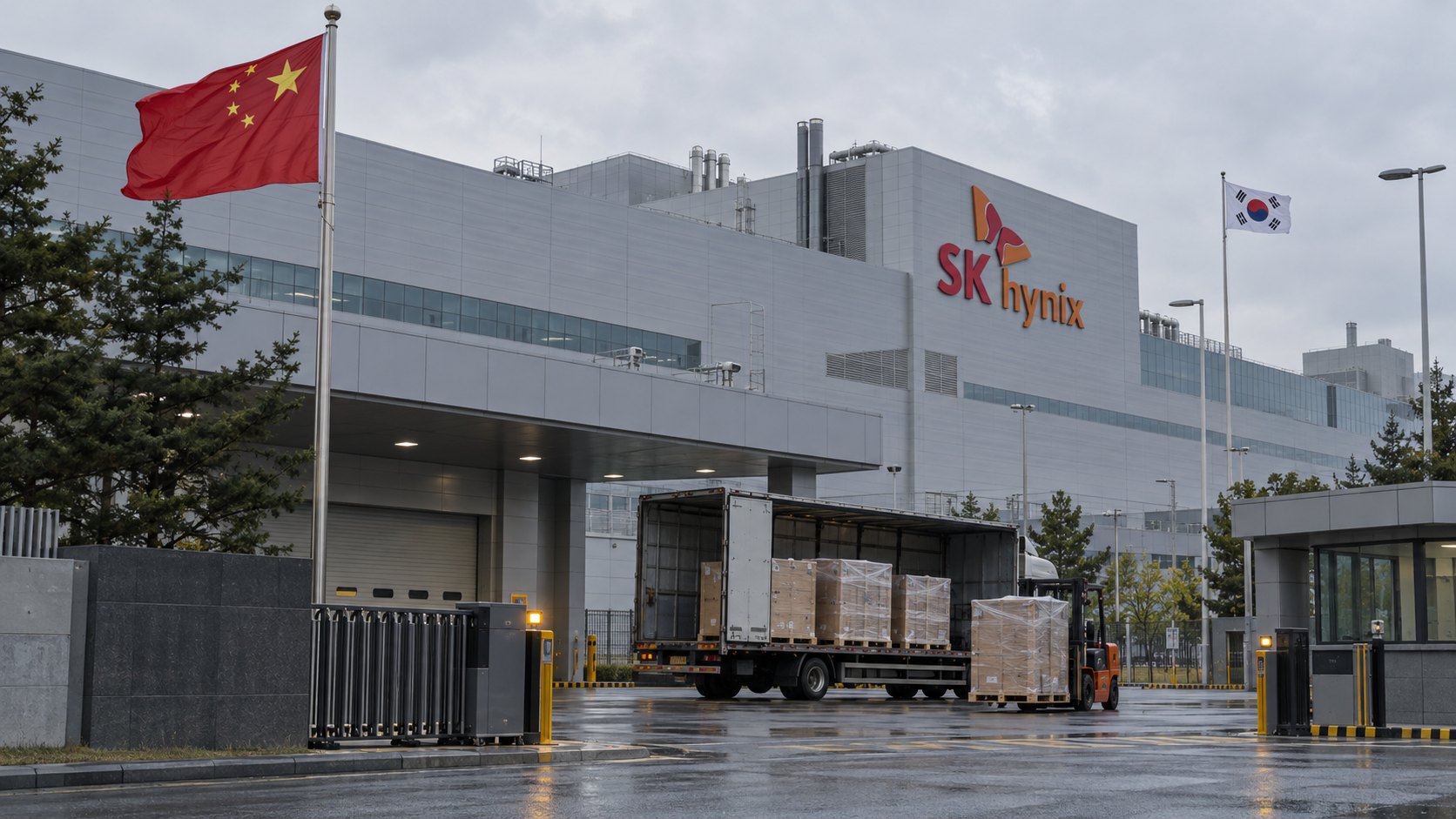 Ilustración editorial generada con IA: la fachada de una fábrica de semiconductores con el nombre y el logo de SK hynix, una bandera de China y otra de Corea del Sur, y un camión que descarga cajones de equipos industriales envueltos en film una mañana gris. Composición conceptual, no es una fotografía de la planta de Dalian.