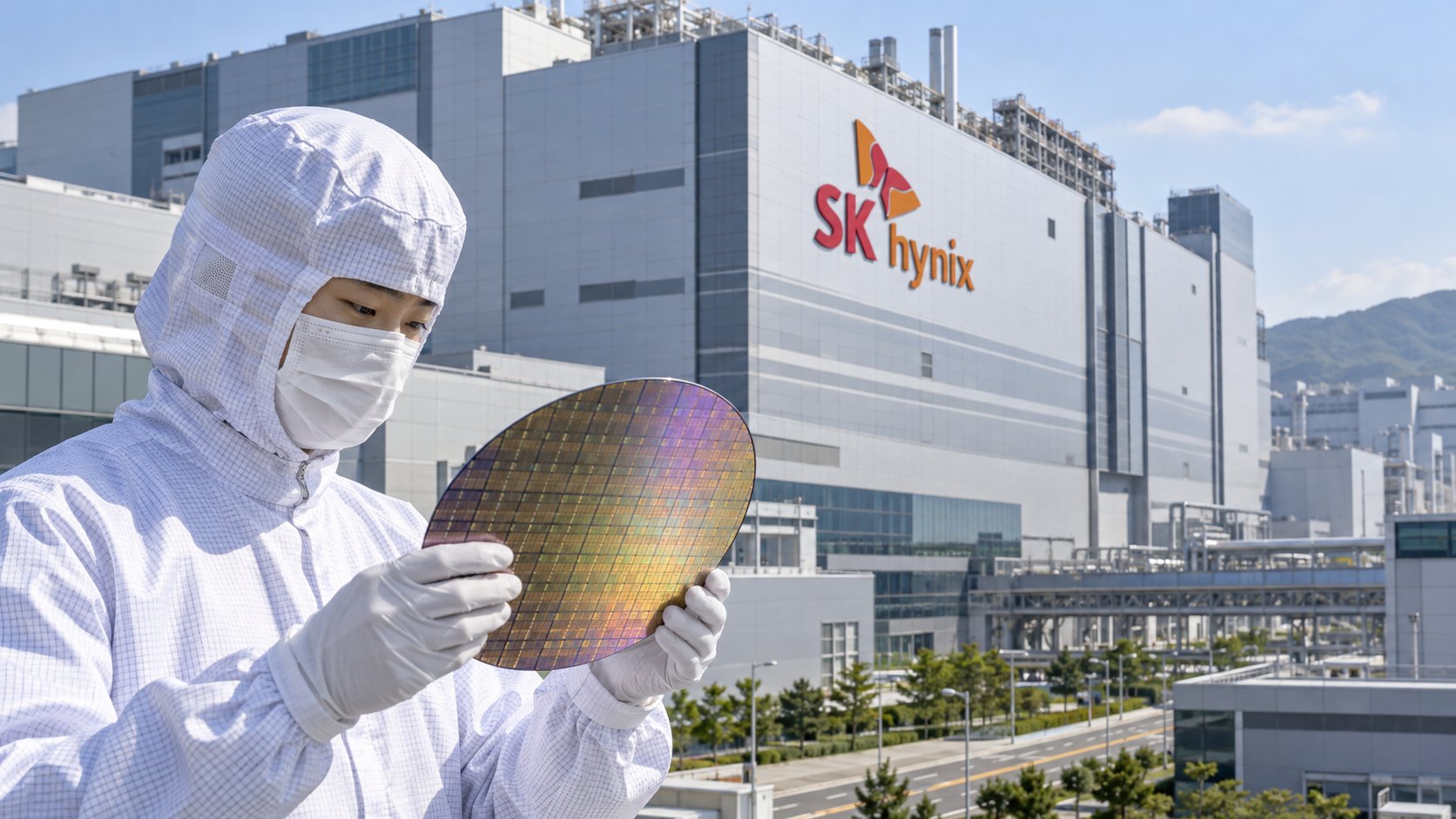 Ilustración editorial generada con IA: un técnico con traje de sala limpia sostiene una oblea de silicio frente a una planta de SK hynix con el logo de la empresa en la fachada; composición representativa, no es una fotografía de una fábrica ni de una persona real.
