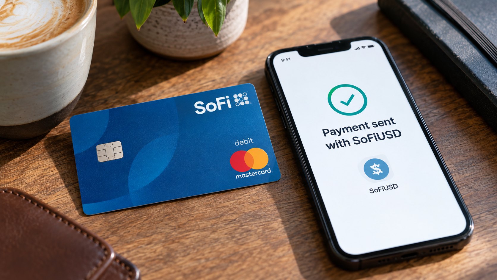 Ilustración editorial generada con IA: tarjeta con marcas SoFi y Mastercard junto a una pantalla conceptual de SoFiUSD; no documenta una operación real.