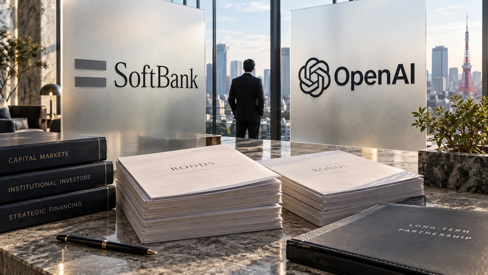 Ilustración editorial generada con IA: marcas SoftBank y OpenAI junto a documentos simbólicos de financiación; escena conceptual, no oficinas ni contratos reales.