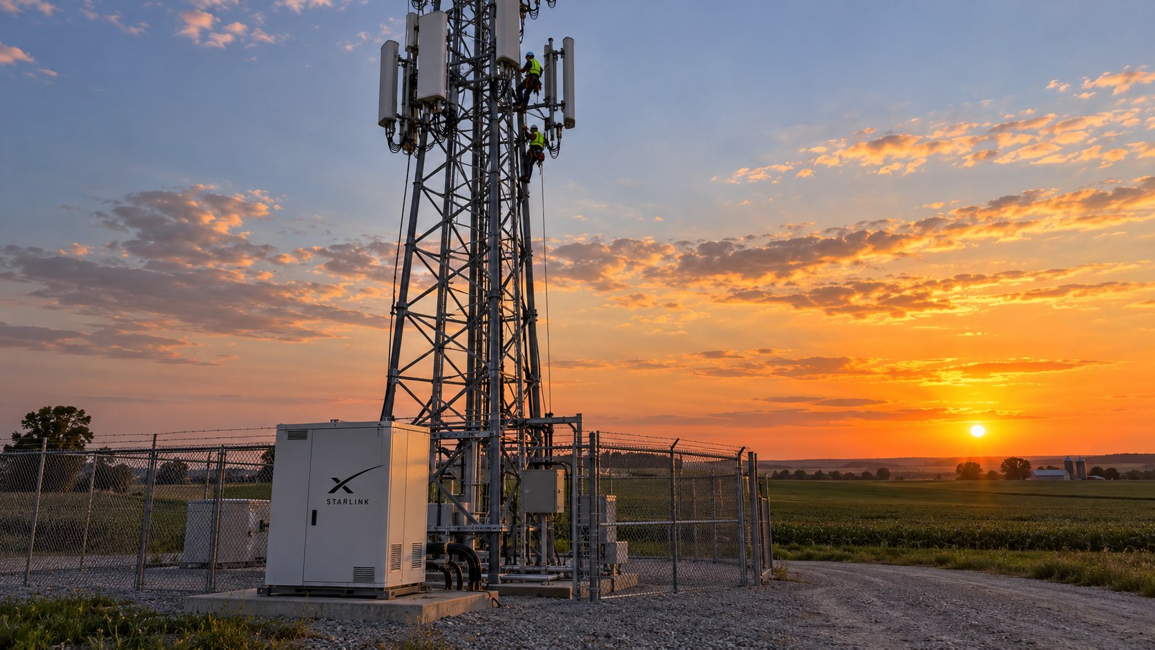 Ilustración editorial generada con IA: una torre celular de celosía metálica en un campo del Medio Oeste de Estados Unidos al atardecer, con dos técnicos con arnés trabajando entre las antenas y, al pie, un gabinete de equipos blanco con el logo de Starlink; composición conceptual, no es una fotografía de una instalación real de SpaceX.