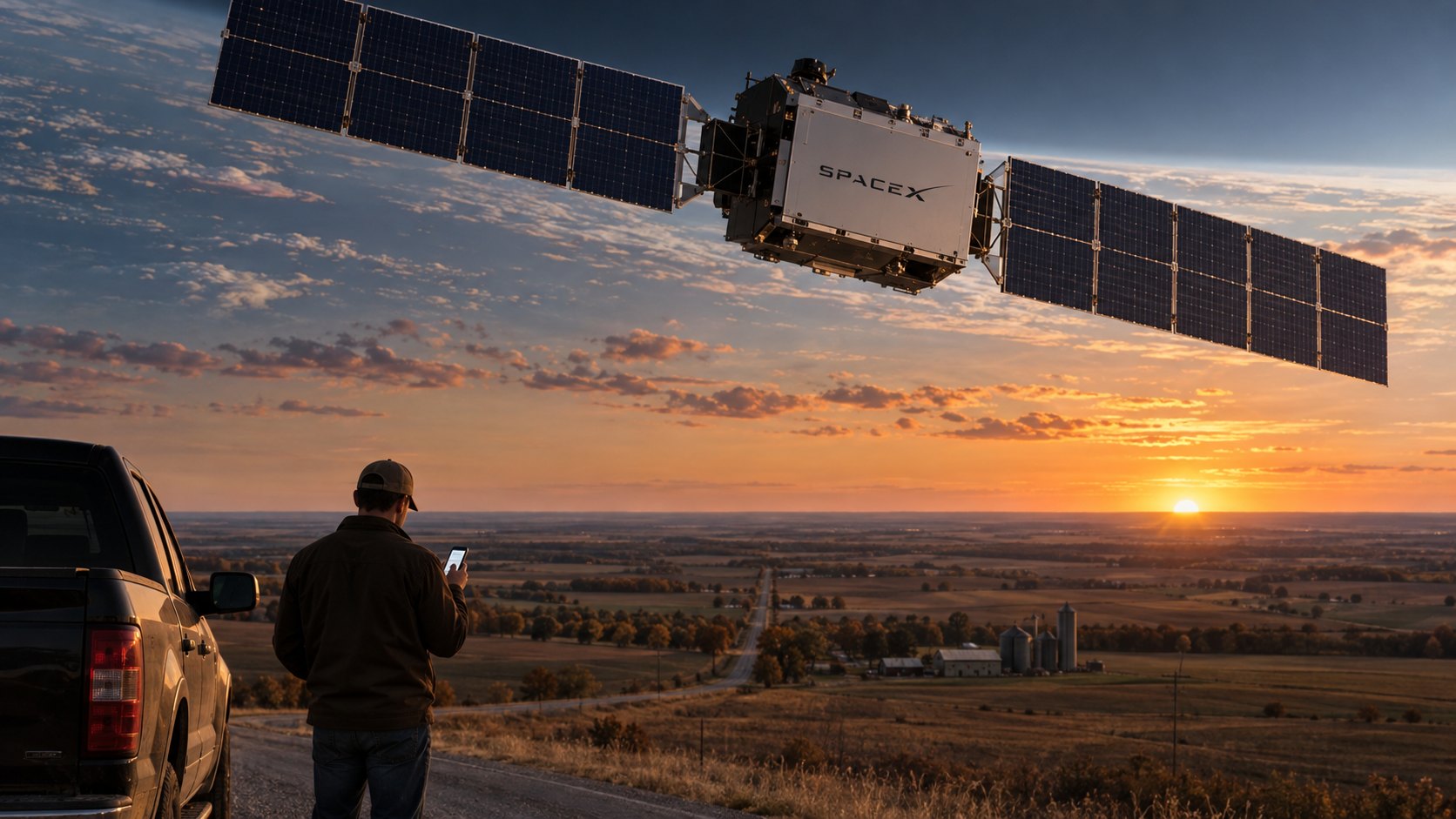 Ilustración editorial generada con IA: un satélite con el logo de SpaceX y paneles solares desplegados sobrevuela un atardecer en el Medio Oeste de Estados Unidos, mientras un hombre de espaldas mira su celular junto a una camioneta en una ruta rural; composición conceptual, no es una fotografía de un satélite ni de un hecho real.
