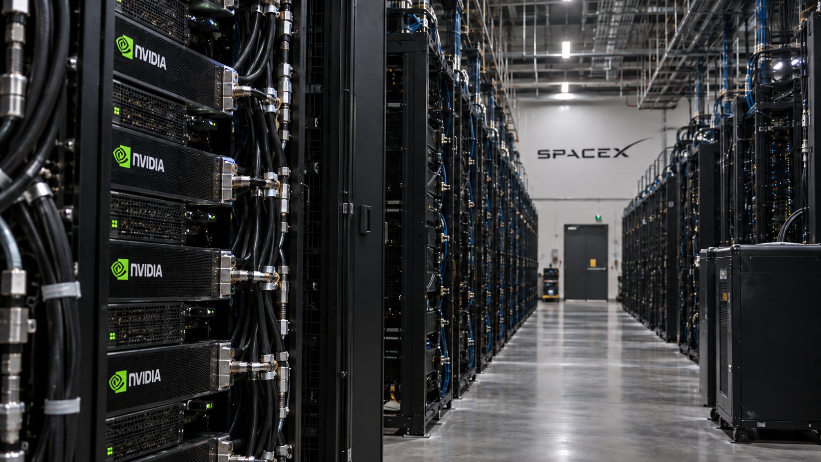 Ilustración editorial generada con IA: un pasillo de centro de datos con racks de servidores con el logo de Nvidia en primer plano y el nombre SpaceX en la pared del fondo; composición conceptual, no es una fotografía de Colossus ni de una instalación real.