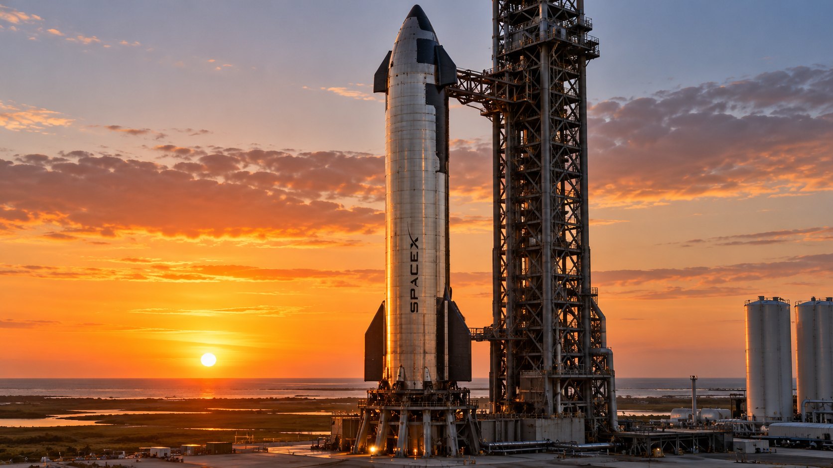 Ilustración editorial generada con IA: un cohete Starship de SpaceX, con el nombre de la empresa en el fuselaje, junto a la torre de lanzamiento de Starbase en la costa de Texas al atardecer; composición conceptual, no es una fotografía de un lanzamiento real.