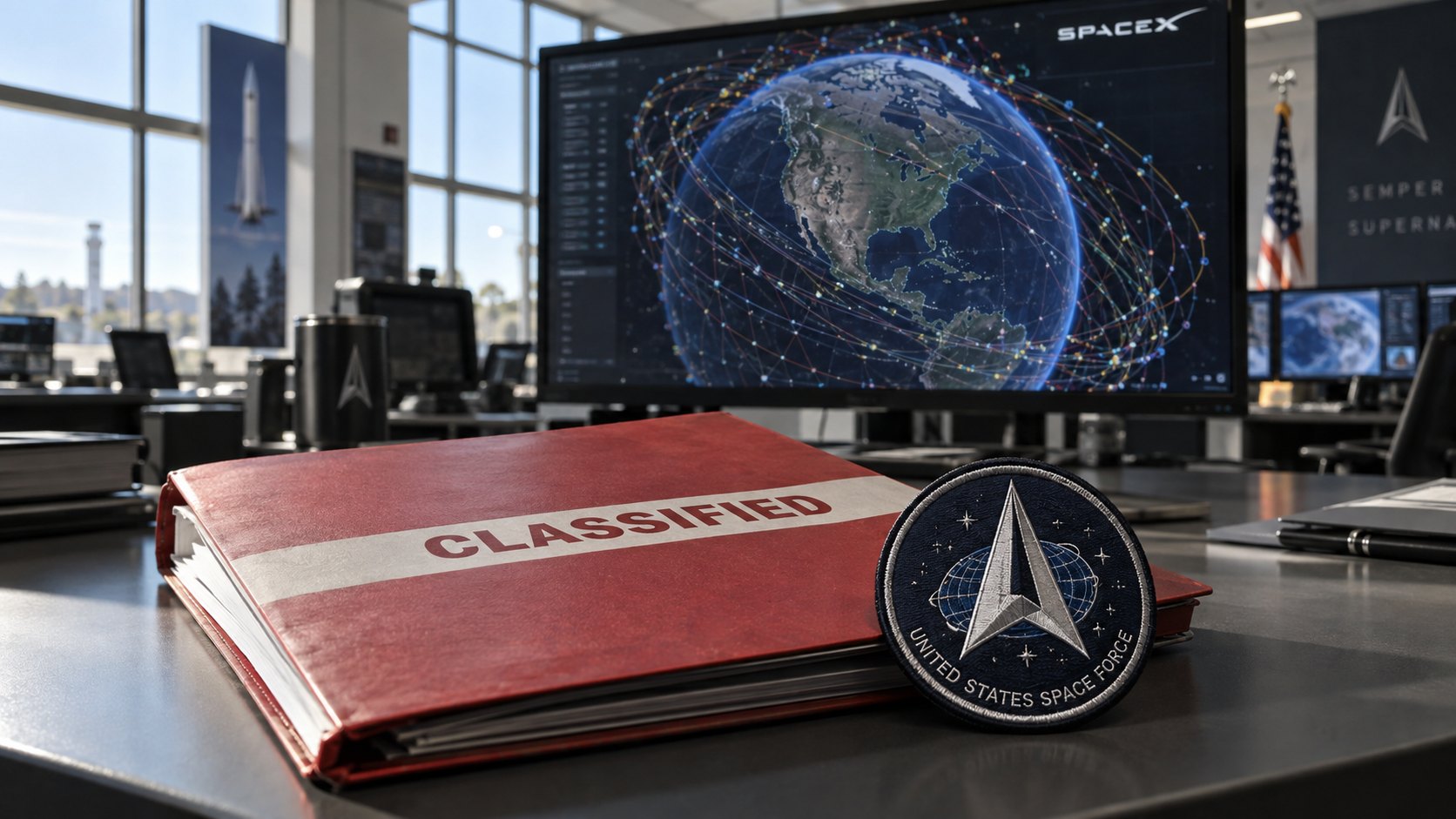 Ilustración editorial generada con IA: una carpeta roja con la palabra «Classified» y un parche de la Fuerza Espacial de EE.UU. sobre un escritorio, con un monitor que muestra trayectorias de satélites alrededor de la Tierra y la marca SpaceX; no es una fotografía de instalaciones, documentos ni operaciones reales.