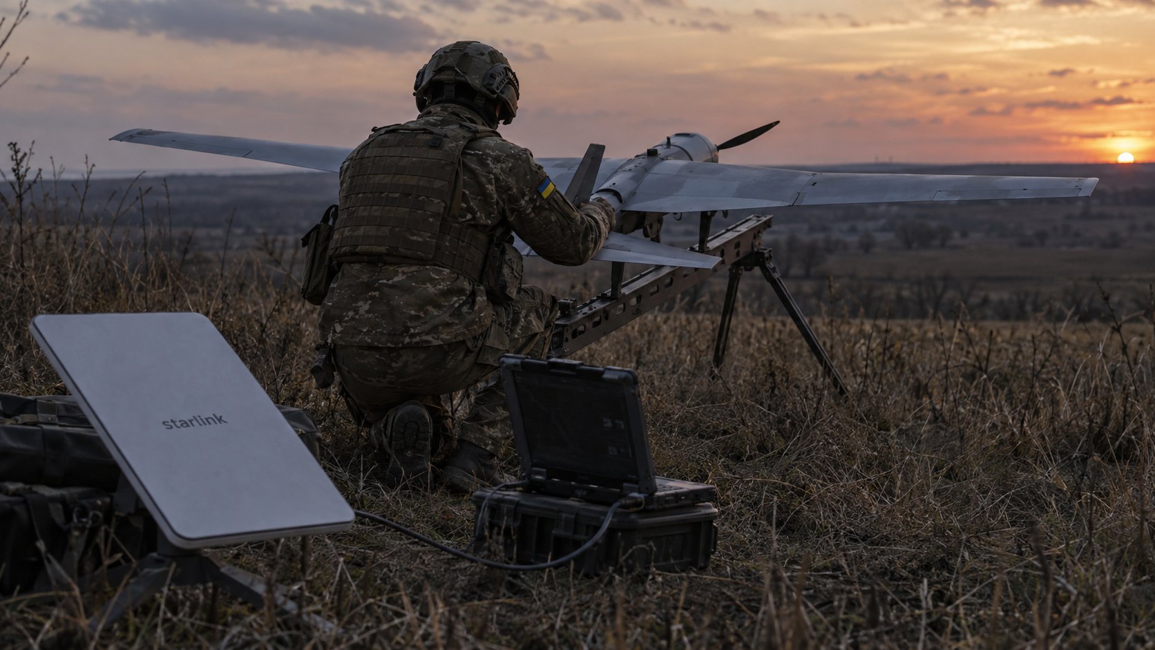 Ilustración editorial generada con IA: al atardecer, en un campo del sudeste de Ucrania, un soldado ucraniano de espaldas, con el parche de la bandera de Ucrania, prepara un dron militar de ala fija sobre su lanzador; en primer plano, una terminal Starlink blanca conectada a una laptop rugerizada; composición conceptual, no es una fotografía de una unidad o misión real.