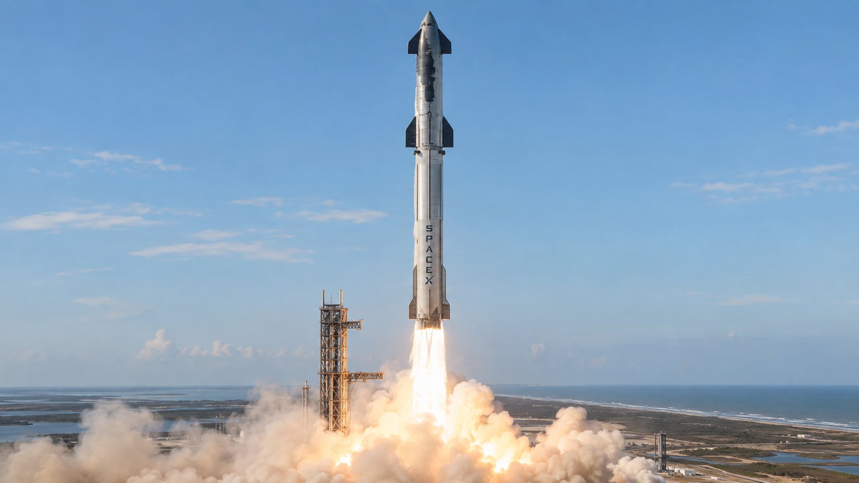 Ilustración editorial generada con IA: el cohete Starship de SpaceX, con el nombre de la empresa en el propulsor, despega desde la torre de Starbase en la costa de Texas entre una nube de vapor y fuego; no es una fotografía del vuelo 14.
