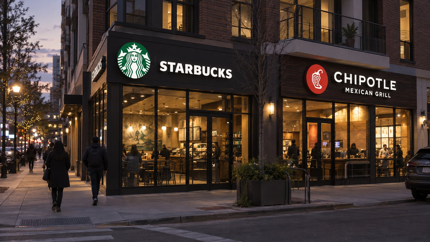 Ilustración editorial generada con IA: una esquina comercial de una ciudad de Estados Unidos con un local de Starbucks y, al lado, uno de Chipotle Mexican Grill, con sus logos reales; composición conceptual, no es una fotografía de un local ni de un hecho real.