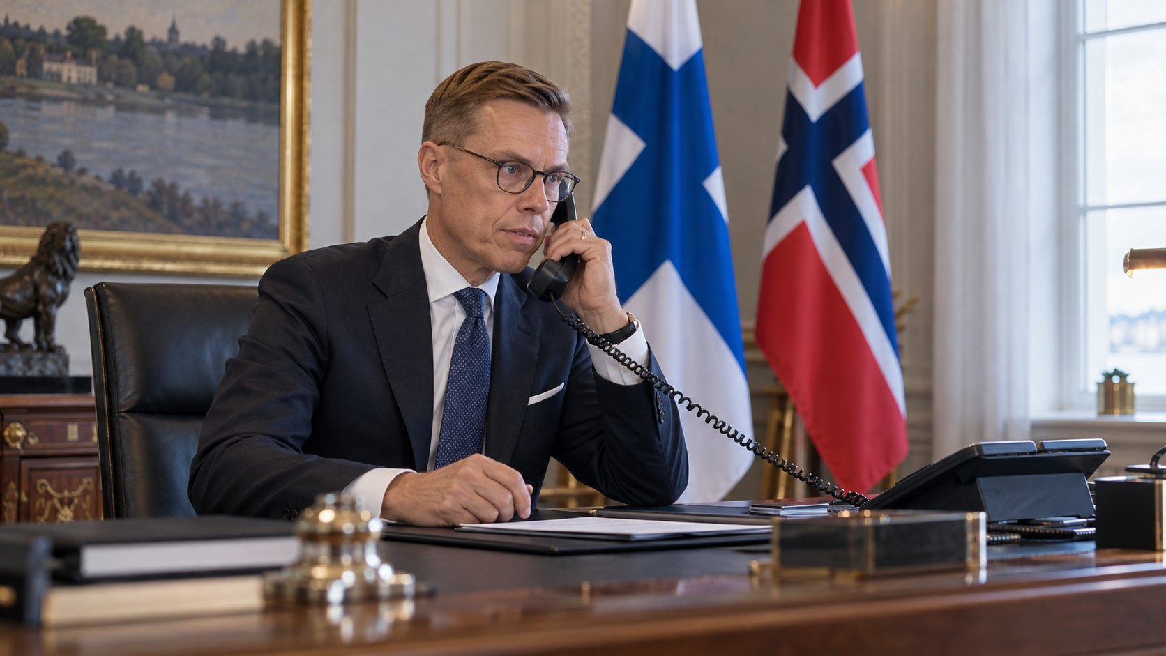 Ilustración editorial generada con IA: Alexander Stubb, presidente de Finlandia, habla por un teléfono de escritorio en un despacho oficial, con las banderas de Finlandia y de Noruega detrás; composición conceptual, no es una fotografía de la llamada del 27 de octubre.