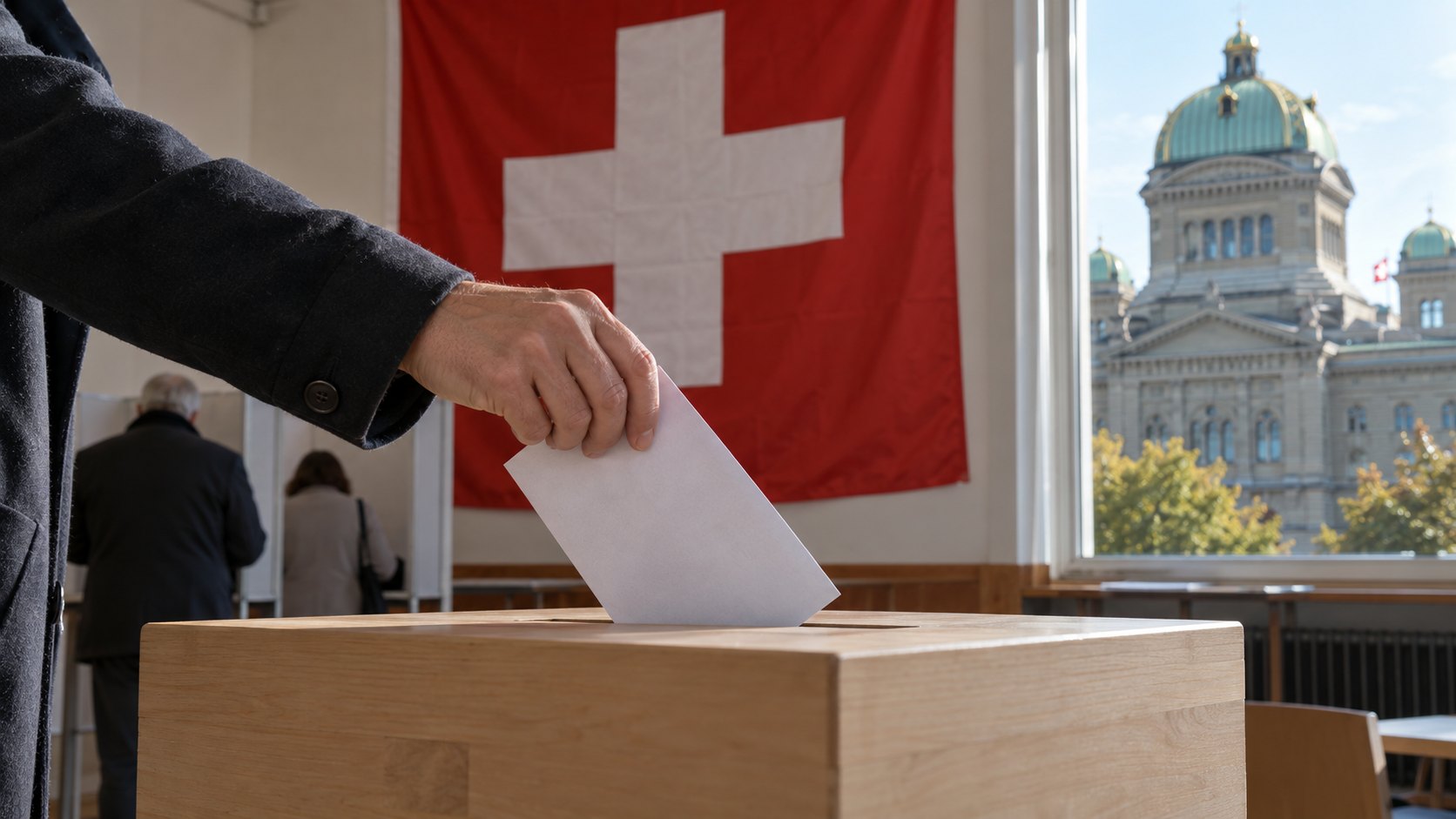 Ilustración editorial generada con IA: una mano deposita un sobre en una urna de madera en un local de votación suizo, con una gran bandera de Suiza detrás y la cúpula del Palacio Federal de Berna visible por la ventana; no es una fotografía de la votación.