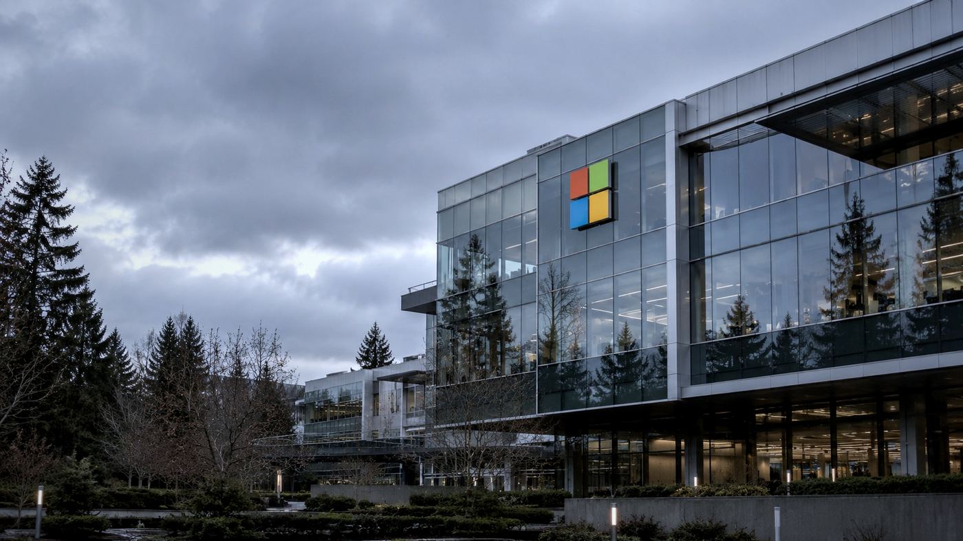 Fachada de un edificio corporativo del campus de Microsoft en Redmond, Washington, con el logo de la empresa visible