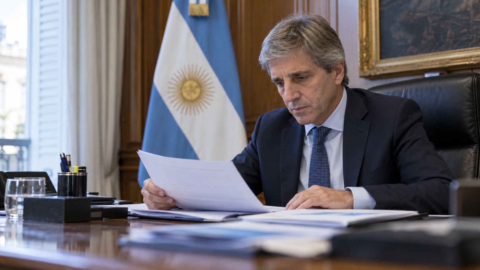 Ilustración editorial generada con IA: el ministro de Economía Luis Caputo, sentado a su escritorio de madera en un despacho del Palacio de Hacienda, lee un informe impreso con una bandera argentina detrás; composición conceptual, no es una fotografía de la presentación de los datos fiscales.
