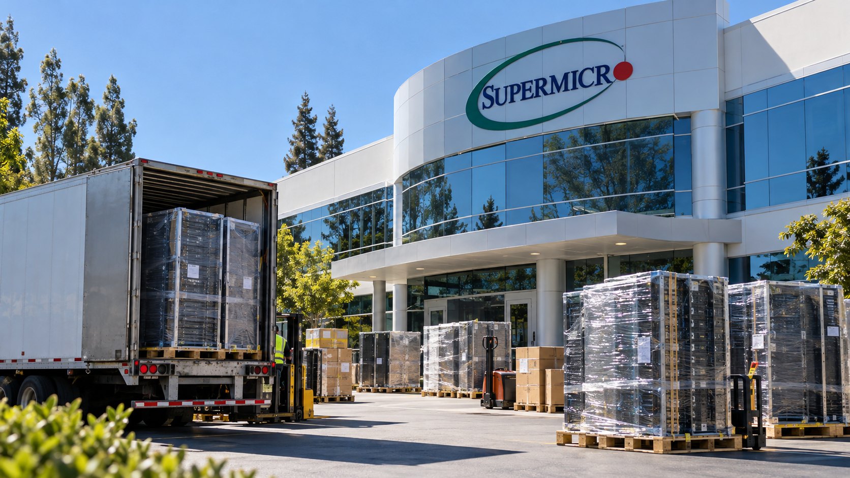 Ilustración editorial generada con IA: la sede de Supermicro en San José, California, con el logo de la empresa en la fachada, de mañana, mientras un montacargas carga en un camión racks de servidores embalados; composición conceptual, no es una fotografía de un envío real.