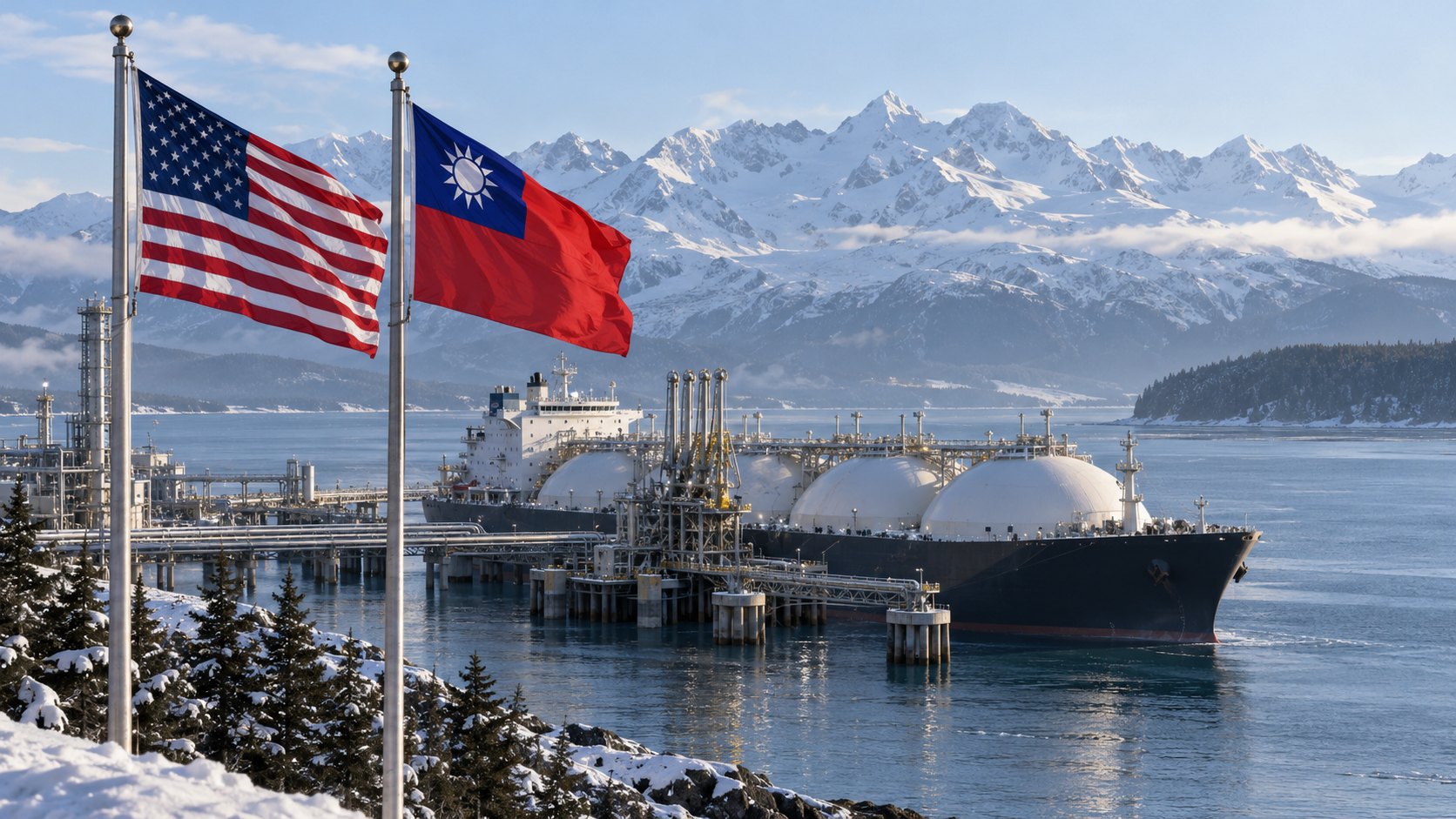 Ilustración editorial generada con IA: un buque metanero con tanques esféricos amarrado a una terminal de gas natural licuado en una bahía de Alaska, con montañas nevadas al fondo y, en primer plano, las banderas de Estados Unidos y de Taiwán flameando en dos mástiles; composición conceptual, no es una fotografía de la terminal del proyecto, que todavía no existe.