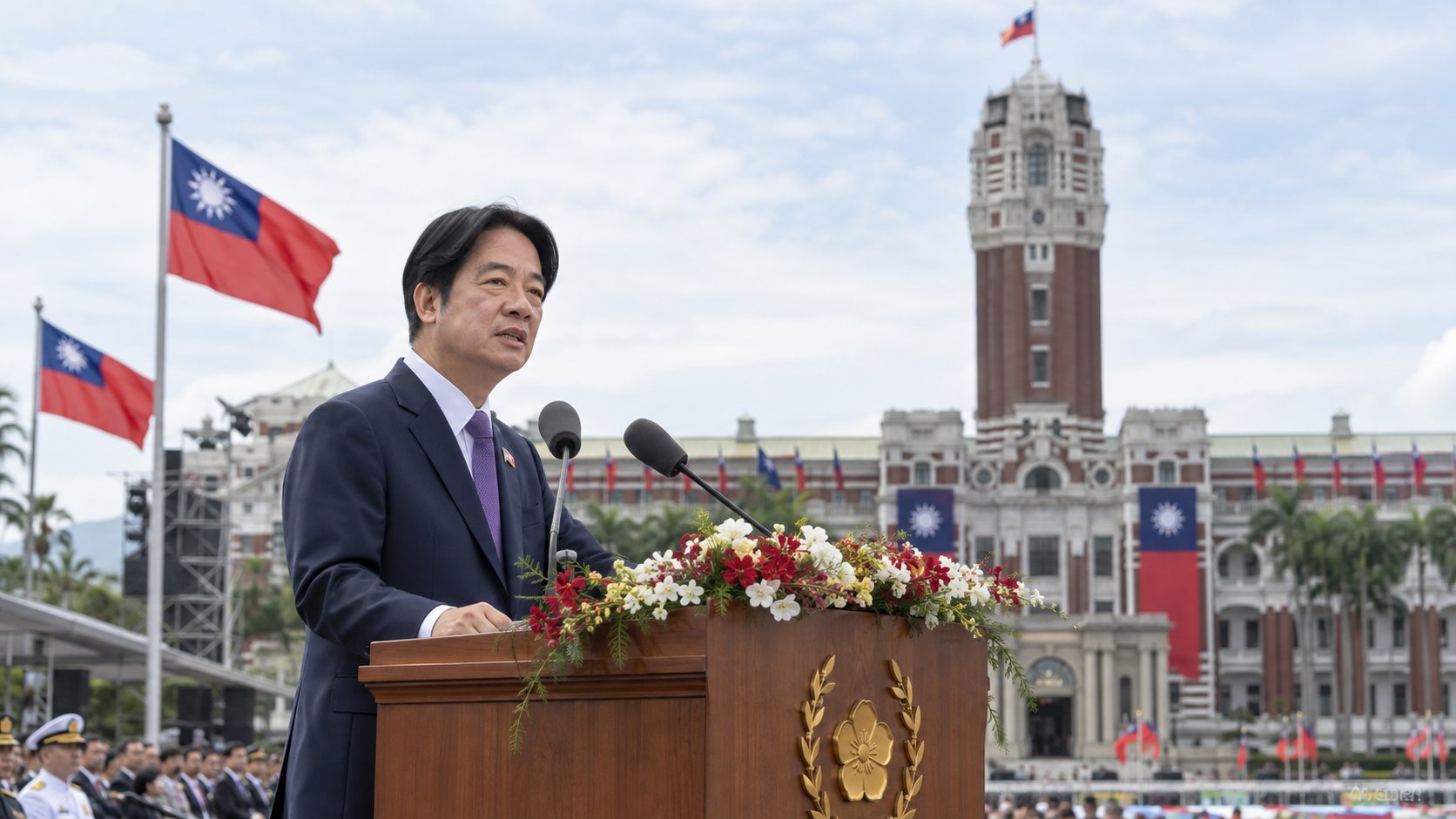 Ilustración editorial generada con IA: el presidente de Taiwán, Lai Ching-te, habla en un atril al aire libre frente al edificio de ladrillo rojo de la Oficina Presidencial de Taipéi, con banderas taiwanesas; composición conceptual, no es una fotografía del discurso.