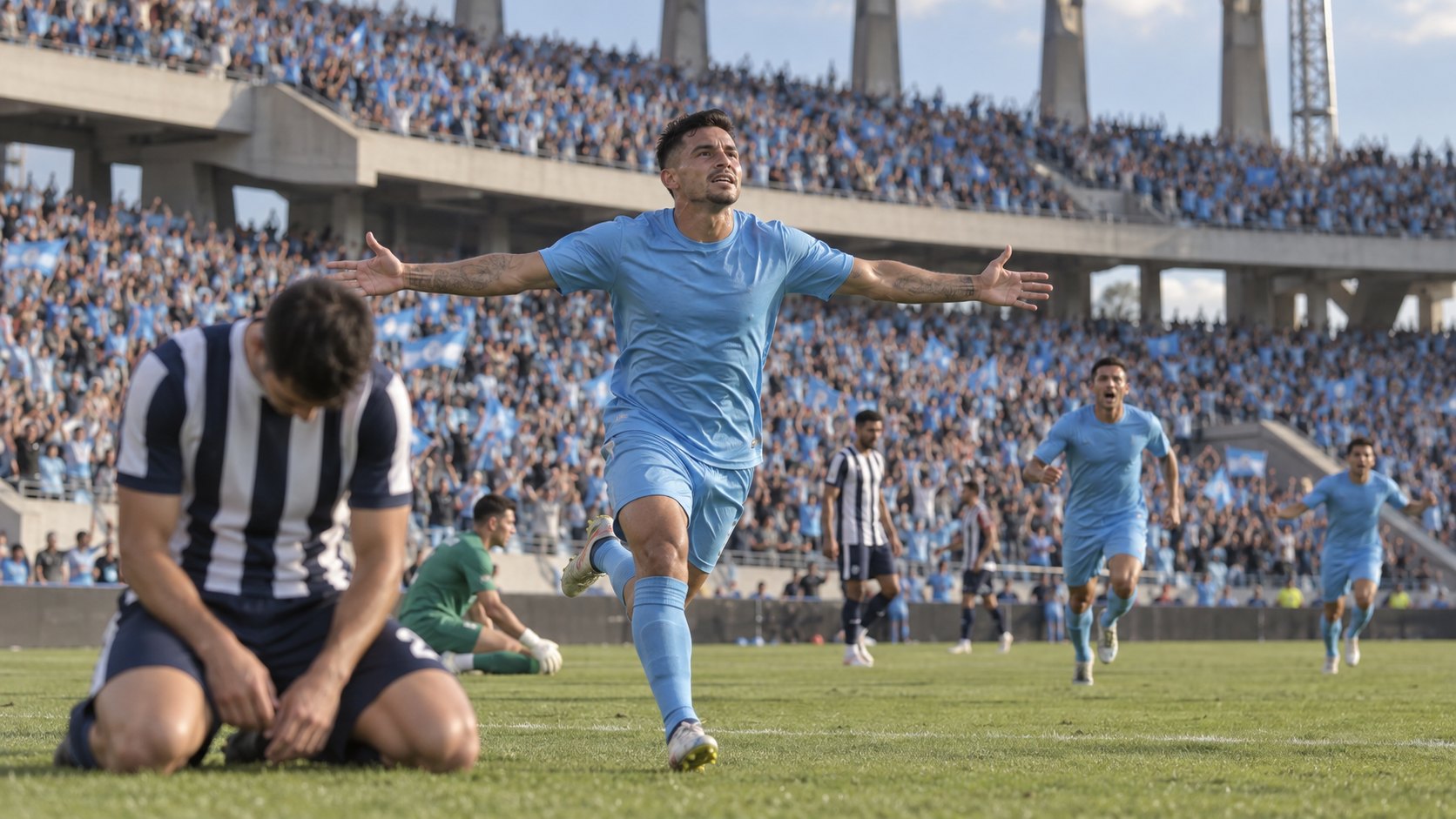 Ilustración editorial generada con IA: en un estadio de hormigón lleno, un futbolista con camiseta celeste corre con los brazos abiertos festejando un gol, mientras en primer plano un jugador con camiseta a bastones oscuros y blancos se lamenta de rodillas sobre el césped; no es una fotografía del partido ni representa a jugadores reales.