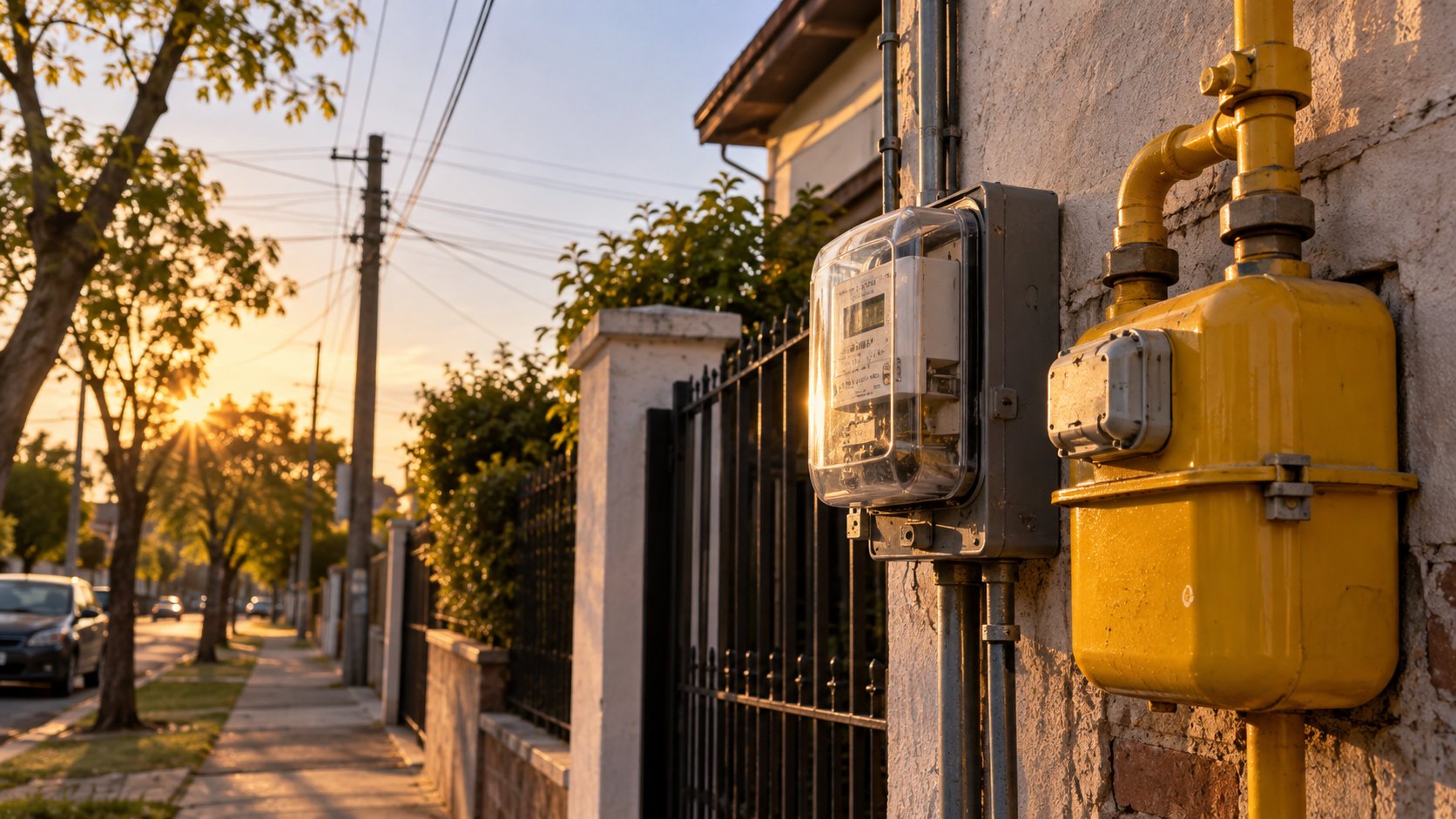Ilustración editorial generada con IA: un medidor eléctrico y un medidor de gas natural amarillo en la fachada de una casa de un barrio del conurbano bonaerense al atardecer, con cables de distribución y una calle arbolada; composición conceptual, no es una fotografía documental.