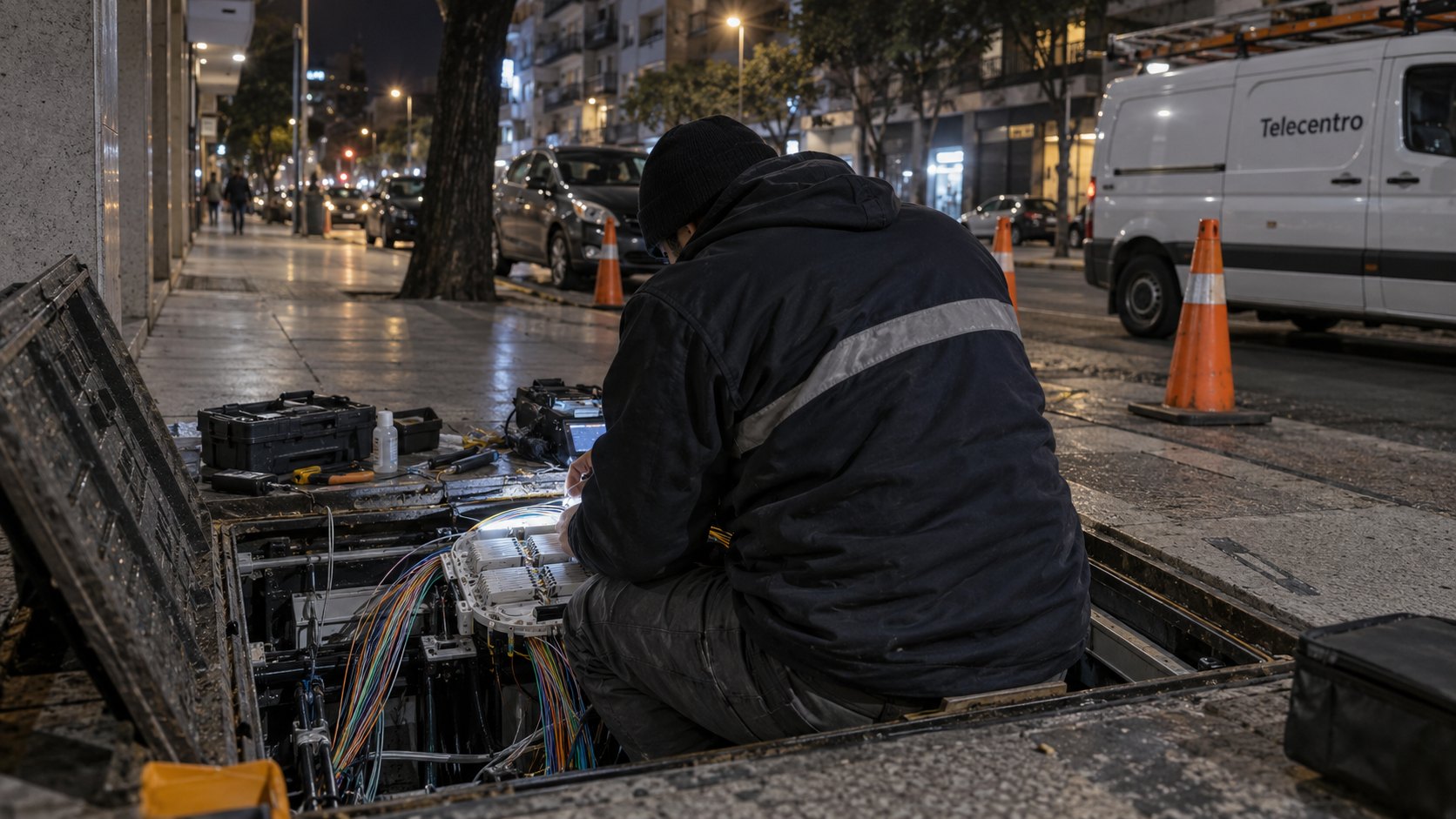 Ilustración editorial generada con IA: un técnico de fibra óptica, de espaldas, empalma cables de colores en una cámara subterránea abierta en una vereda de Buenos Aires de noche, junto a conos naranjas y una camioneta blanca con el nombre Telecentro; composición conceptual, no es una fotografía de obras reales de la empresa.