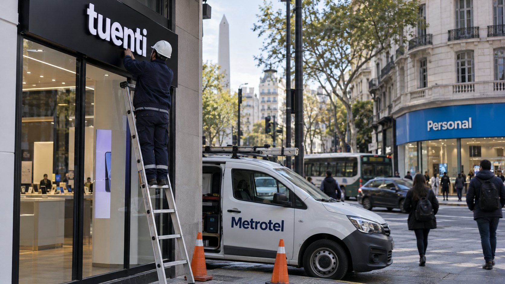 Ilustración editorial generada con IA: una avenida comercial de Buenos Aires con el Obelisco al fondo; un operario sobre una escalera cuelga el cartel de tuenti sobre la vidriera de un local, junto a una camioneta blanca de servicio rotulada Metrotel, y enfrente se ve un local de Personal. Composición conceptual, no es una fotografía de un local ni de un hecho real.
