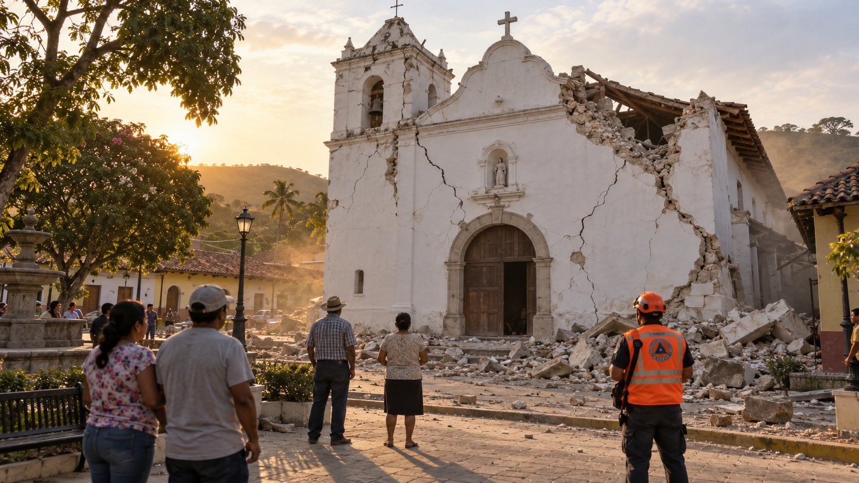 Ilustración editorial generada con IA: una iglesia colonial blanca de un pueblo del interior de Panamá con la fachada agrietada y parte del muro lateral derrumbado, escombros en la vereda y vecinos y un rescatista con chaleco naranja mirándola desde la plaza al atardecer; composición conceptual, no es una fotografía de un templo real dañado por el terremoto.