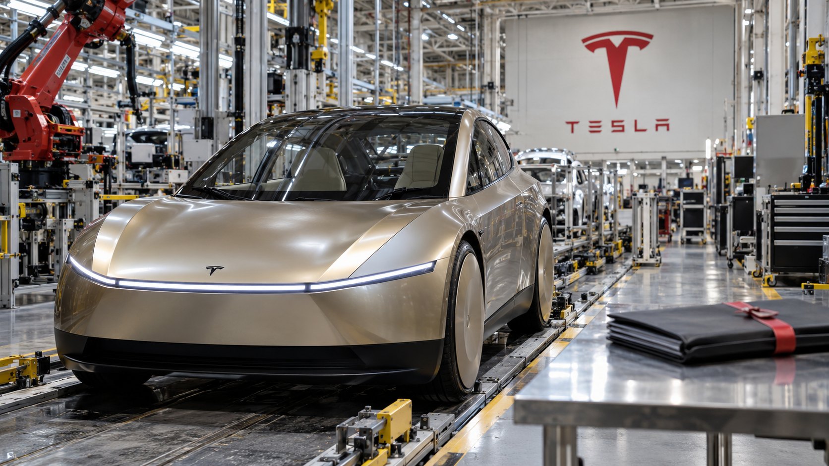 Ilustración editorial generada con IA: un Tesla Cybercab en una línea de montaje de una planta de Tesla, con el logotipo de la marca en la pared; composición conceptual, no es una fotografía de una planta ni de un acuerdo real.