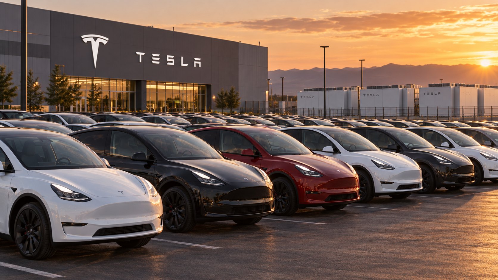 Ilustración editorial generada con IA: hileras de Tesla Model Y nuevos estacionados frente a un centro de entregas con el logotipo de Tesla y equipos Megapack al fondo; composición conceptual, no es una fotografía de un centro de entregas real.