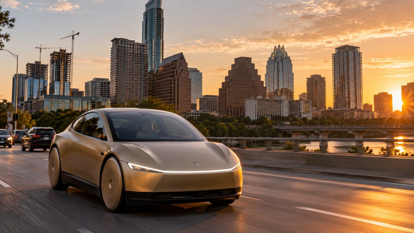 Ilustración editorial generada con IA: un Tesla Cybercab, el biplaza autónomo dorado sin conductor, circula por una autopista de Austin, Texas, con el skyline de la ciudad y el río al atardecer; composición conceptual, no es una fotografía de un vehículo ni de un hecho real.