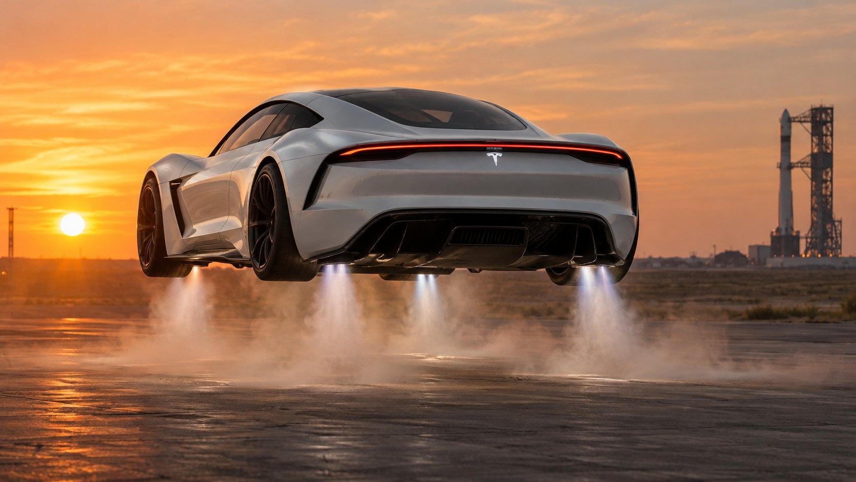 Ilustración editorial generada con IA: un superdeportivo eléctrico blanco y anguloso con el logotipo de Tesla, suspendido en el aire sobre una pista de pruebas en Texas al atardecer, con chorros de aire comprimido saliendo de sus propulsores; composición conceptual de la presentación del nuevo Roadster, no es una fotografía del evento.