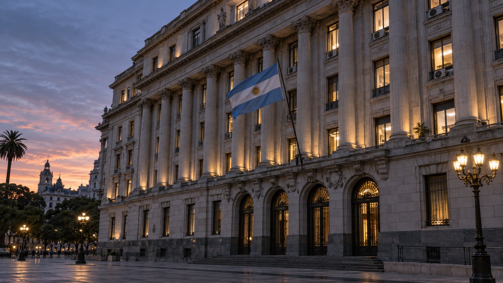 Ilustración editorial generada con IA: la fachada del Palacio de Hacienda, sede del Ministerio de Economía en Buenos Aires, con una bandera argentina al atardecer; no es una fotografía de la licitación.