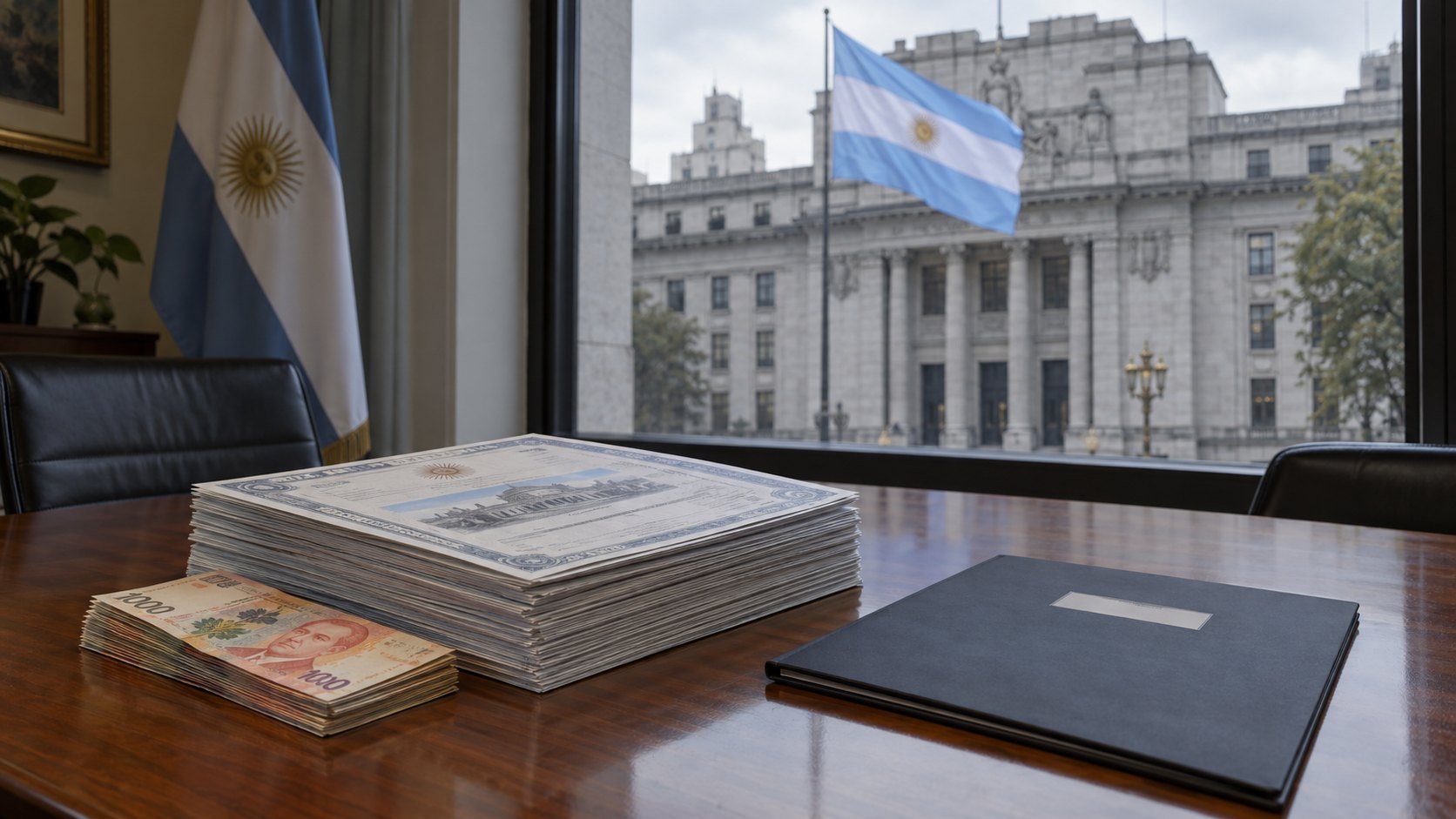 Ilustración editorial generada con IA: una pila de títulos de deuda y billetes de pesos sobre una mesa, junto a una carpeta cerrada, frente a una ventana con vista a un edificio neoclásico con una bandera argentina; composición conceptual, no es una fotografía del Ministerio de Economía ni de la licitación.