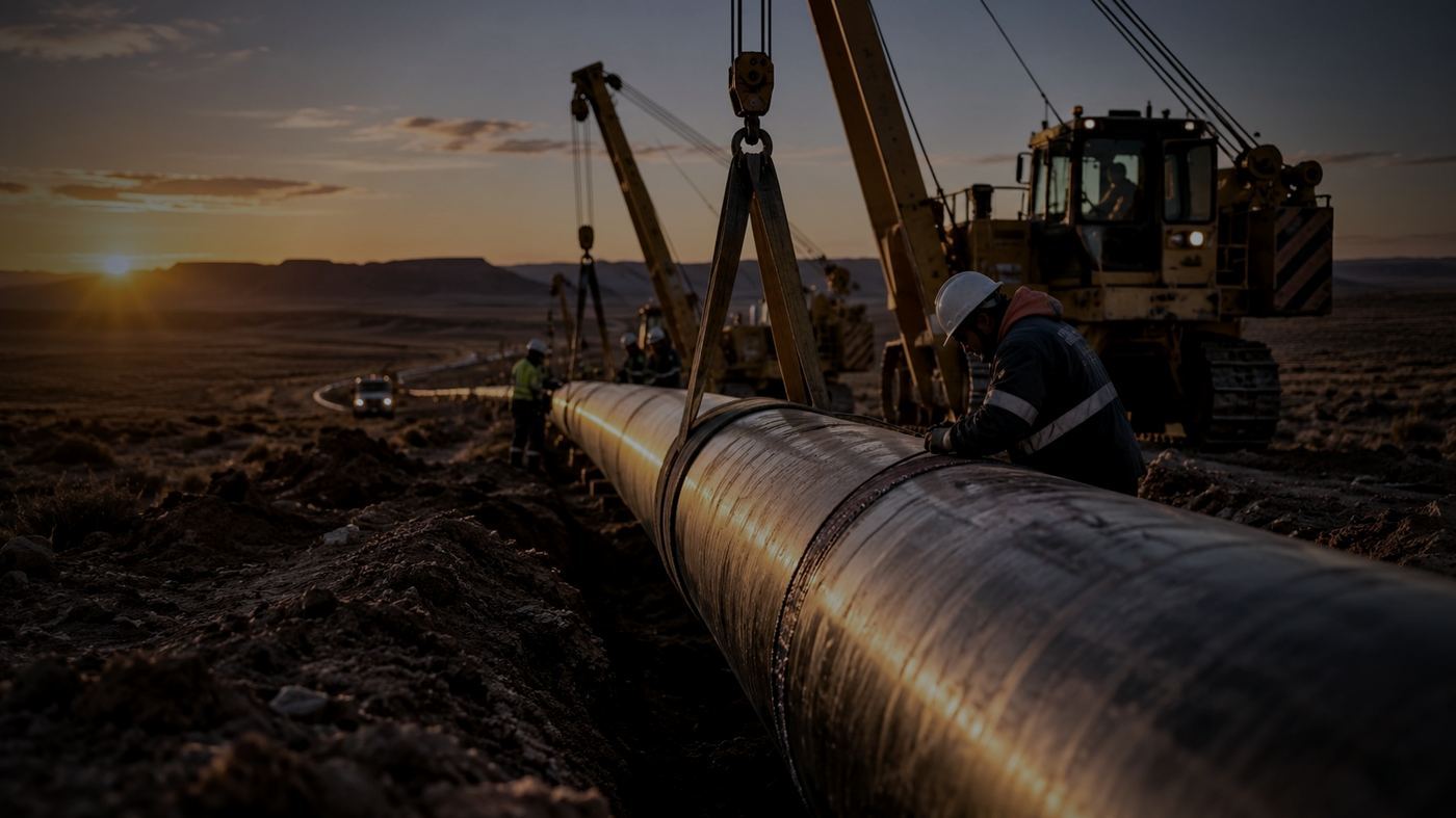 Tramo de un gasoducto de gran diámetro tendido sobre la estepa patagónica cerca de Vaca Muerta, con maquinaria de construcción y tubos de acero visibles