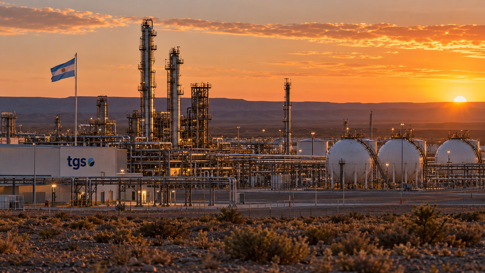 Ilustración editorial generada con IA: una planta de procesamiento de gas con torres de fraccionamiento, cañerías y tanques esféricos en la estepa neuquina al atardecer, con el logotipo de TGS y una bandera argentina; composición conceptual, no es una fotografía de la planta de Tratayén.