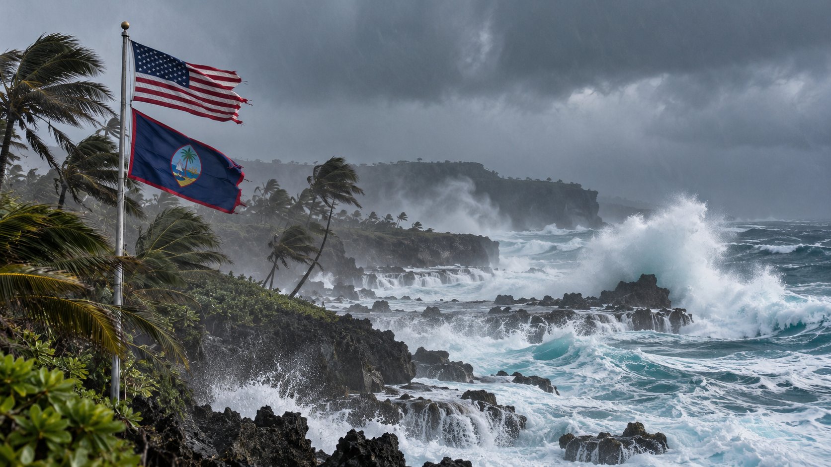 Ilustración editorial generada con IA: palmeras dobladas por vientos huracanados y olas que rompen sobre la costa sur de Guam bajo un cielo de tifón, con la bandera de Guam y la de Estados Unidos flameando; composición conceptual, no es una fotografía del tifón Champi.