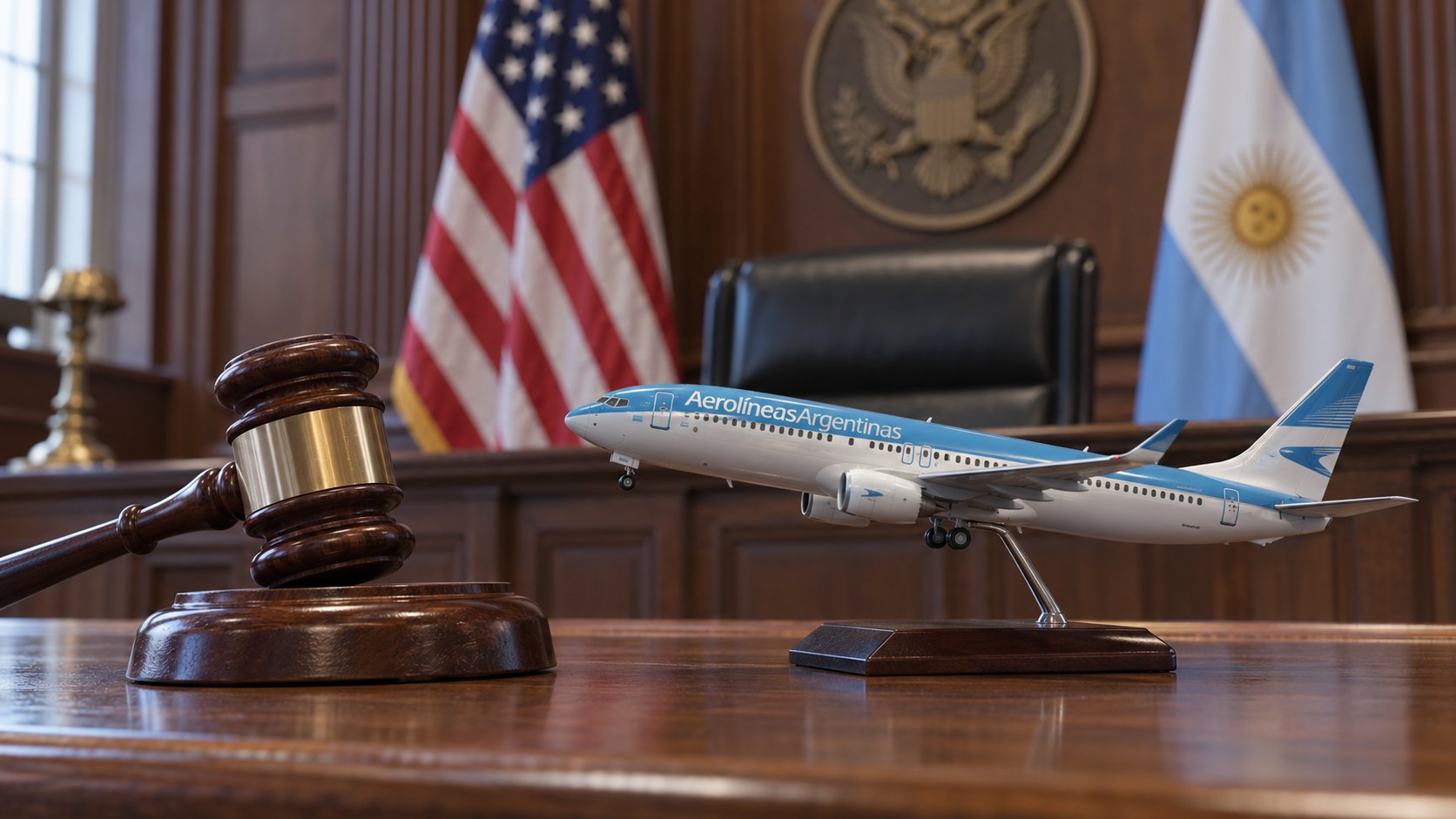 Ilustración editorial generada con IA: un mazo de juez y una maqueta de un avión con la librea de Aerolíneas Argentinas sobre el estrado de madera de un tribunal, con banderas de Estados Unidos y de la Argentina al fondo; composición conceptual, no es una fotografía del tribunal ni de la causa.