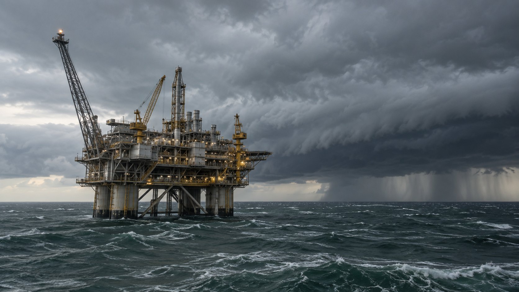 Ilustración editorial generada con IA: una plataforma petrolera offshore en el Golfo de México, con mar picado y una pared de nubes de tormenta tropical acercándose en el horizonte; composición conceptual, no es una fotografía del hecho.