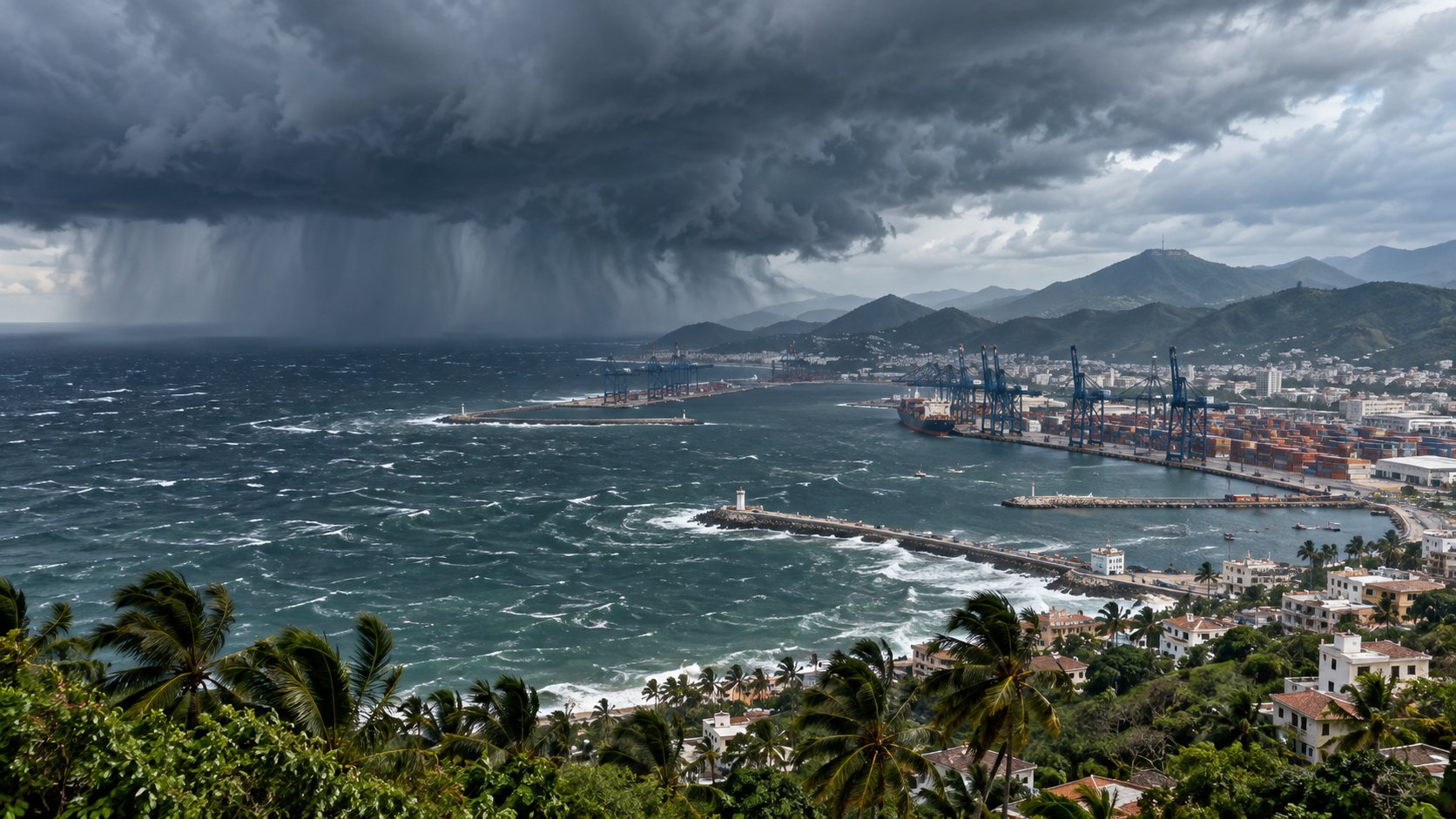 Ilustración editorial generada con IA: la bahía y el puerto de Manzanillo, en la costa del Pacífico mexicano, con nubes de tormenta que se acercan desde el mar; composición conceptual, no es una fotografía de la tormenta Simon.