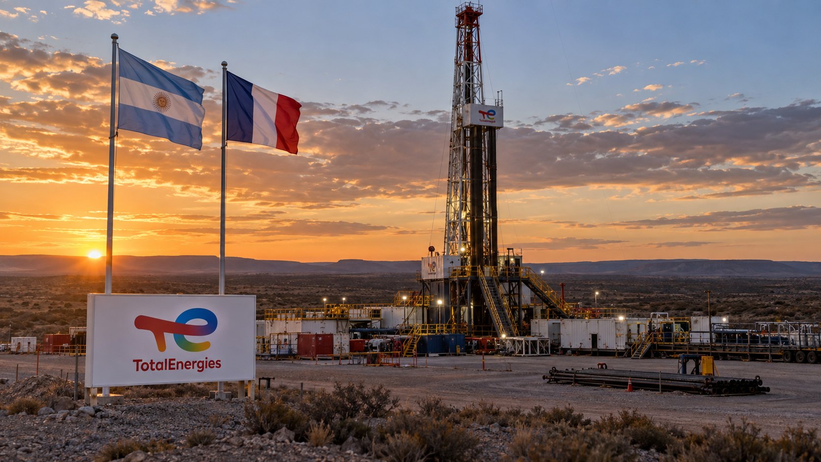 Ilustración editorial generada con IA: equipo de perforación petrolera en la meseta patagónica al atardecer, con el logo de TotalEnergies en un cartel de la locación y banderas de la Argentina y de Francia en mástiles; composición conceptual, no es una fotografía de un yacimiento real de la compañía.