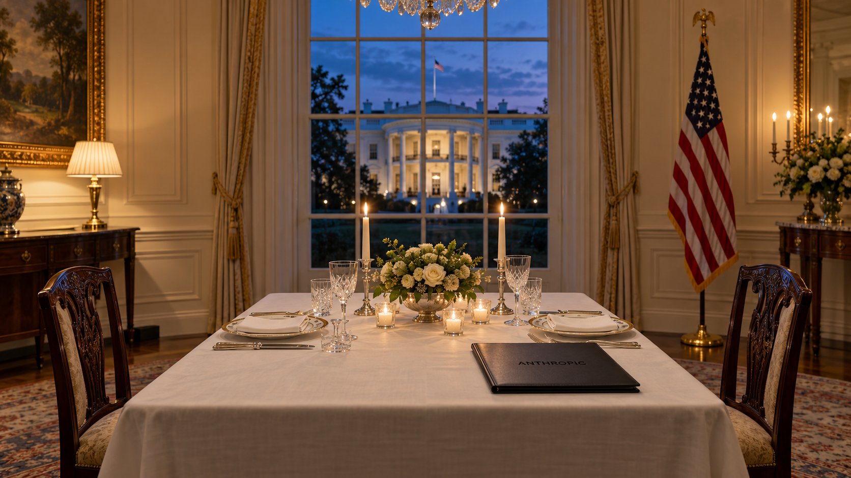 Ilustración editorial generada con IA: una mesa de cena formal para dos en un comedor de estilo Casa Blanca, con una carpeta de cuero con el nombre ANTHROPIC, una bandera de Estados Unidos y el Pórtico Norte iluminado a través del ventanal; no es una fotografía del encuentro.