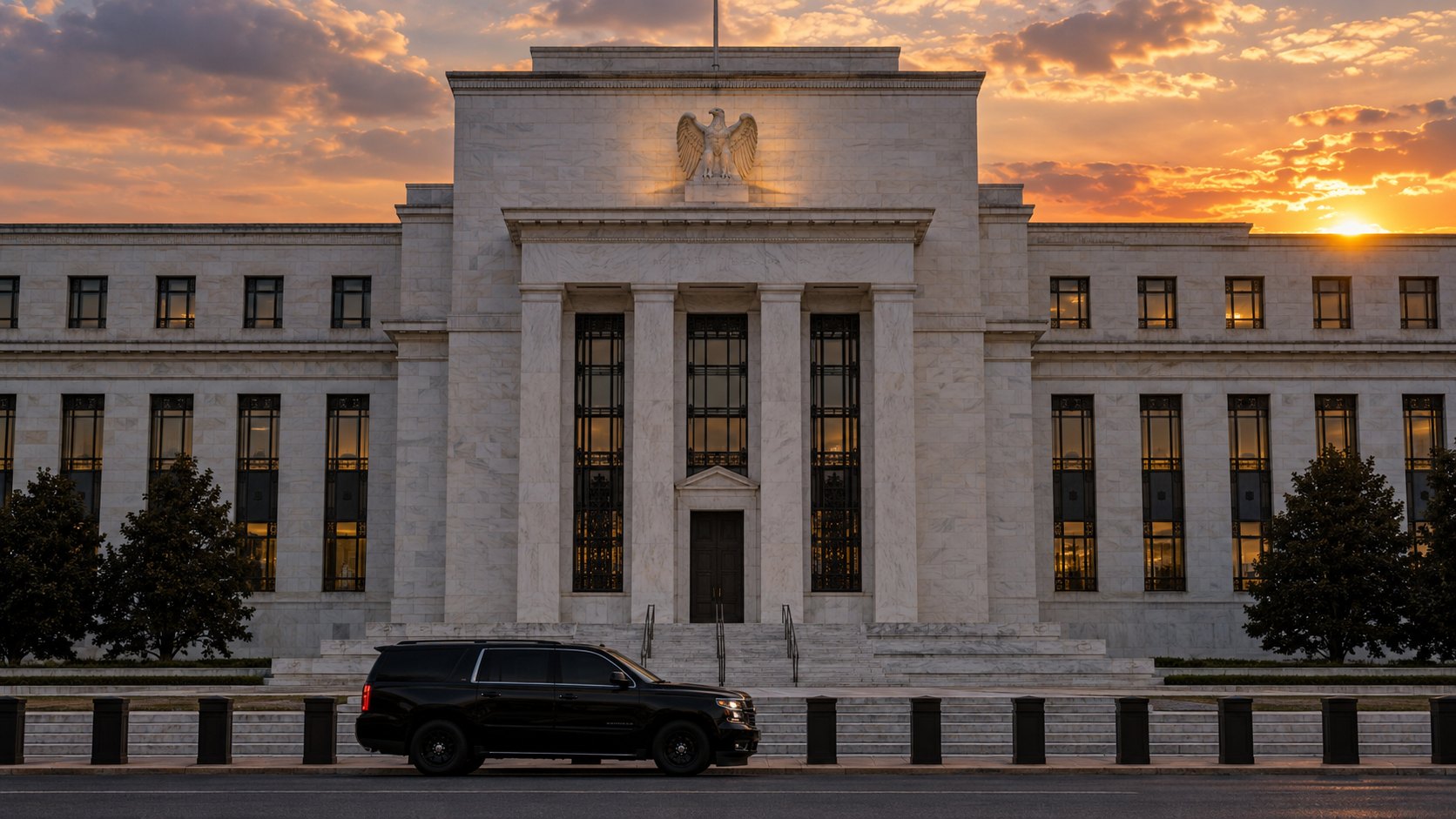 Ilustración editorial generada con IA: la fachada de mármol del edificio Eccles, sede de la Junta de la Reserva Federal en Washington, al atardecer, con una camioneta oficial frente a la escalinata; composición conceptual, no es una fotografía de un hecho real.