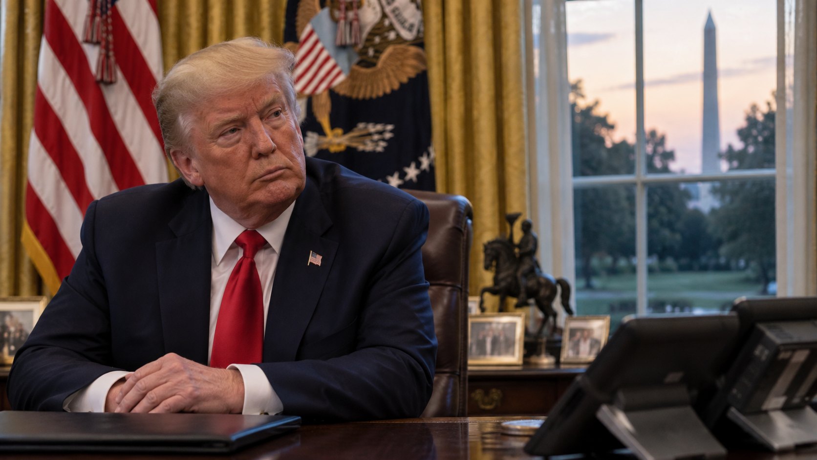Ilustración editorial generada con IA: Donald Trump sentado al escritorio del Despacho Oval, con las banderas detrás y el Monumento a Washington visible por la ventana; composición conceptual, no es una fotografía del momento del anuncio.