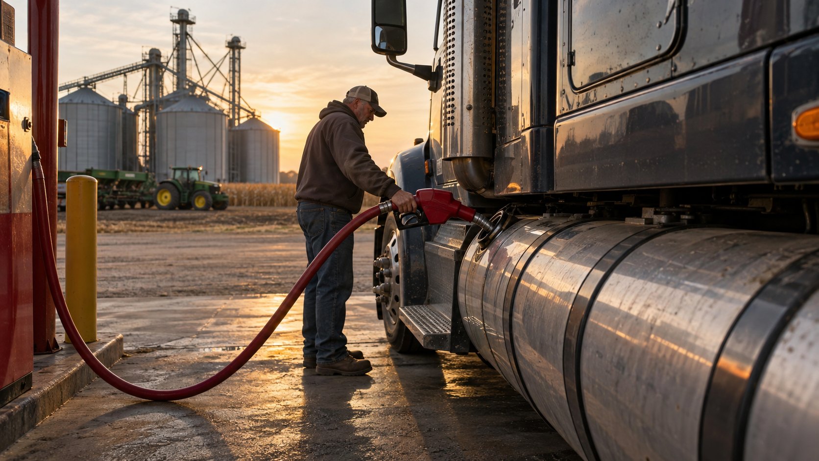 Ilustración editorial generada con IA: al atardecer, un camionero carga combustible con una manguera roja en el tanque de un camión semirremolque, en una estación rural con silos, un tractor verde y un campo de maíz cosechado al fondo; no es una fotografía real.