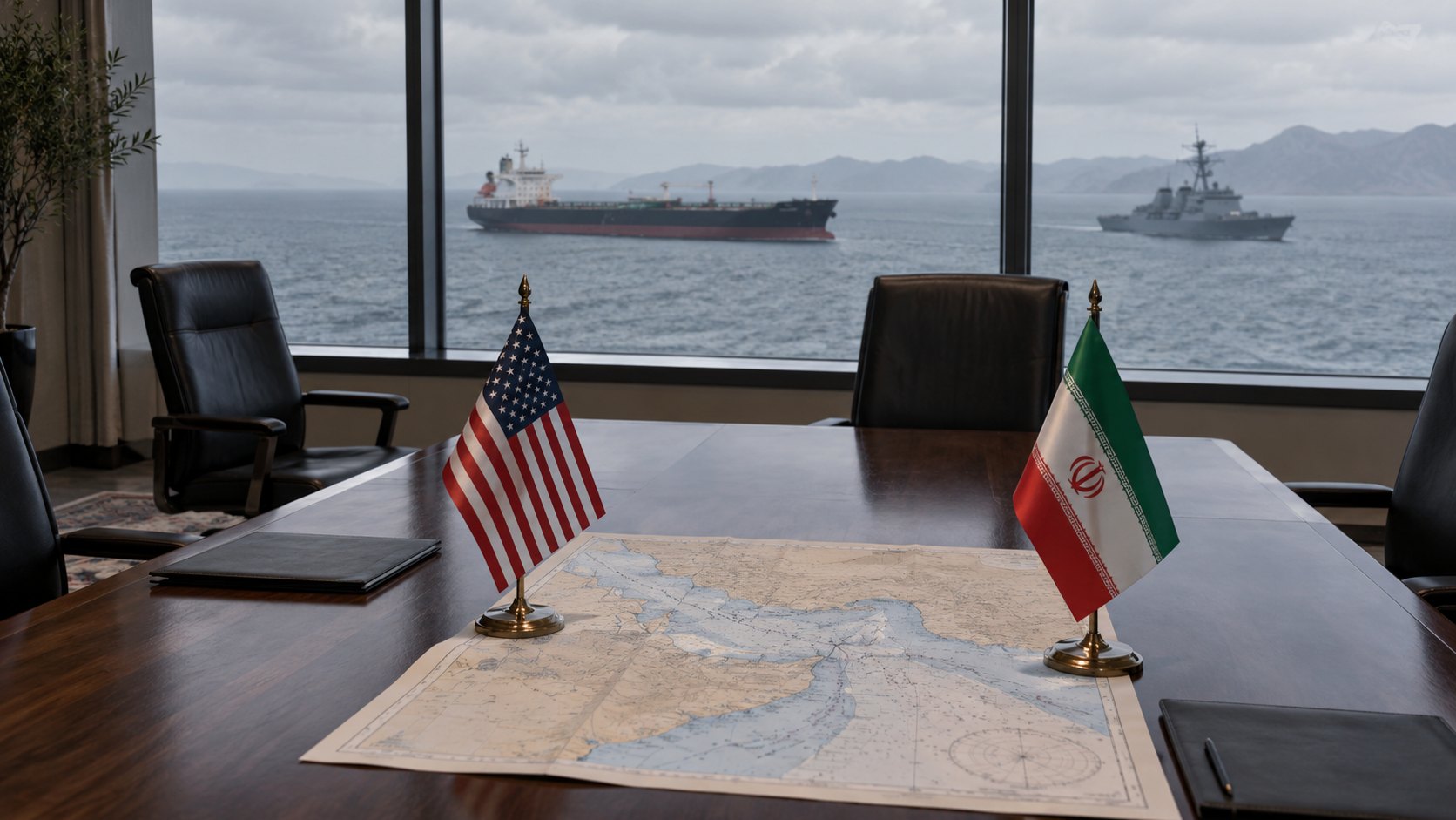 Ilustración editorial generada con IA: banderas de mesa de Estados Unidos e Irán enfrentadas sobre una mesa de negociación vacía, con un mapa del estrecho de Ormuz y, por la ventana, un petrolero y un buque de guerra en el mar; composición conceptual, no es una fotografía de una reunión real.