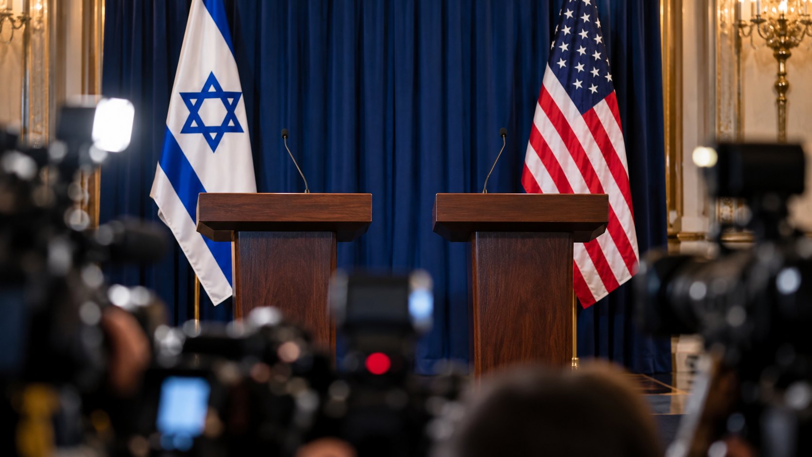Ilustración editorial generada con IA: dos atriles vacíos en una sala de conferencias de prensa, uno delante de la bandera de Israel y otro delante de la bandera de Estados Unidos, con cámaras y fotógrafos desenfocados en primer plano; composición conceptual, no es una fotografía de un acto real.