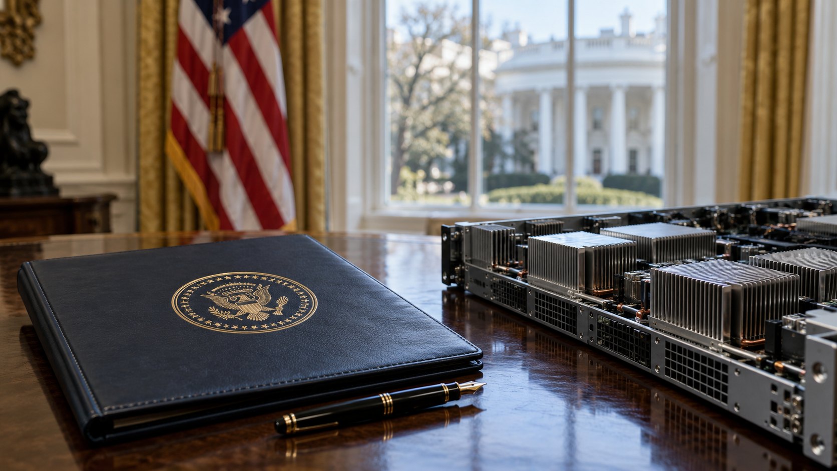 Ilustración editorial generada con IA: una carpeta de cuero azul con el sello presidencial de Estados Unidos y una lapicera sobre una mesa, junto a una bandeja de servidor de IA, con la bandera estadounidense y la Casa Blanca al fondo; composición conceptual, no es una fotografía de la firma ni de la orden.