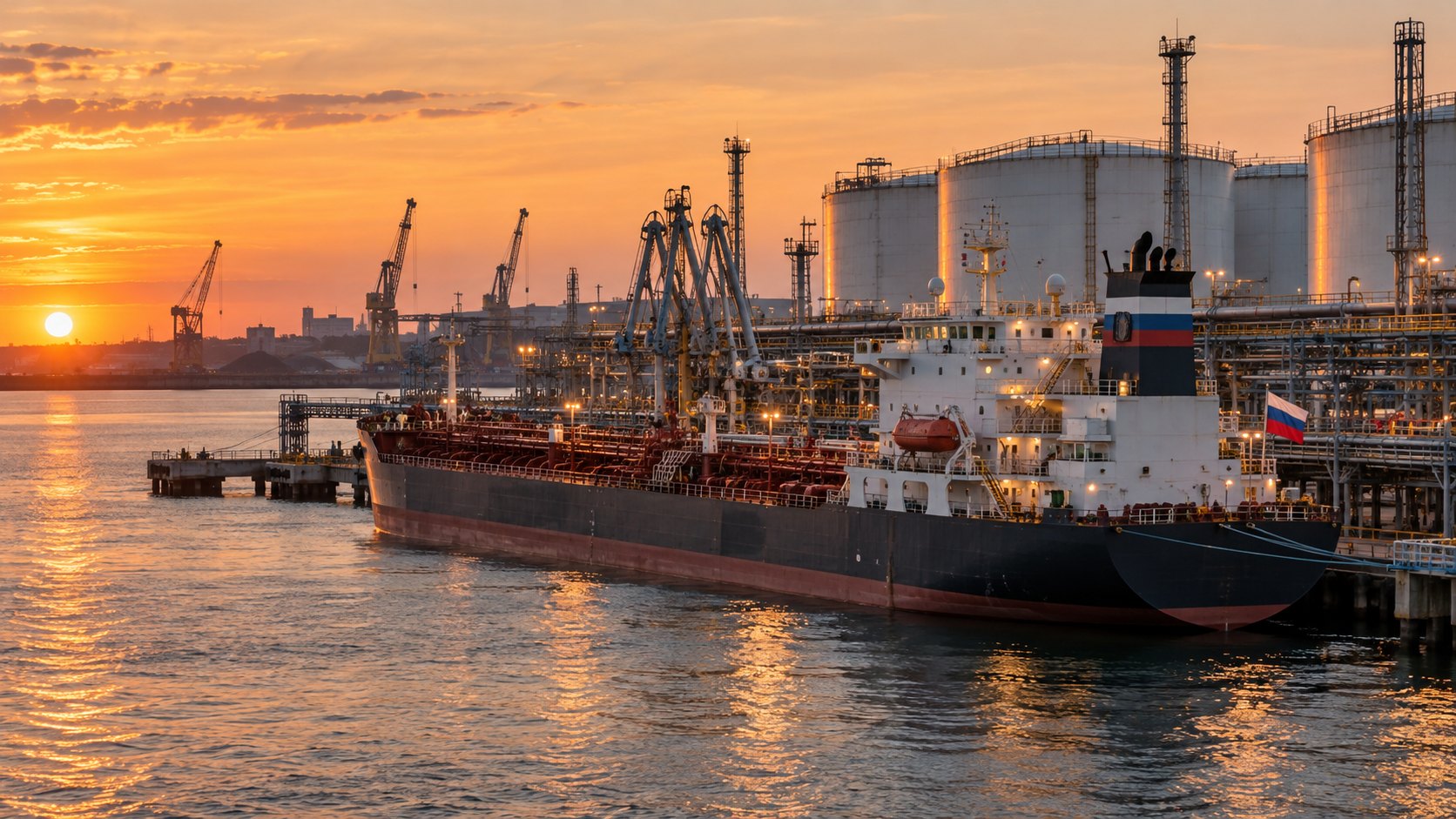 Ilustración editorial generada con IA: un buque tanque con bandera rusa carga combustible en una terminal petrolera de un puerto del Báltico al atardecer, con tanques de almacenamiento y grúas; composición conceptual, no es una fotografía de un envío real.