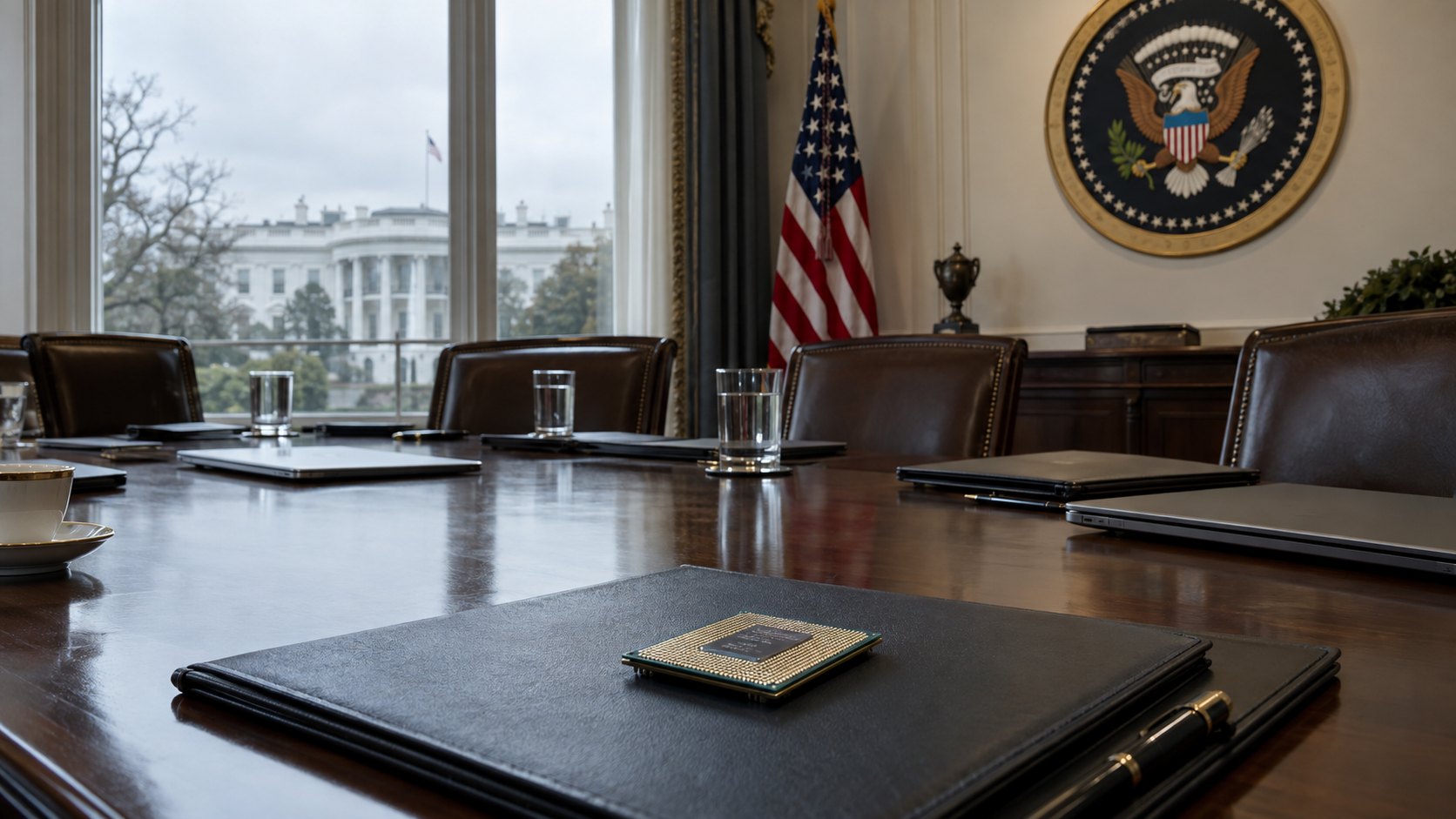Ilustración editorial generada con IA: una sala de reuniones formal con una mesa larga de madera, sillas vacías y carpetas cerradas, el sello presidencial de Estados Unidos en la pared, la bandera estadounidense y la Casa Blanca detrás de la ventana, con un chip de computadora apoyado sobre una carpeta en primer plano; composición conceptual, no es una fotografía de una reunión ni de oficinas reales.